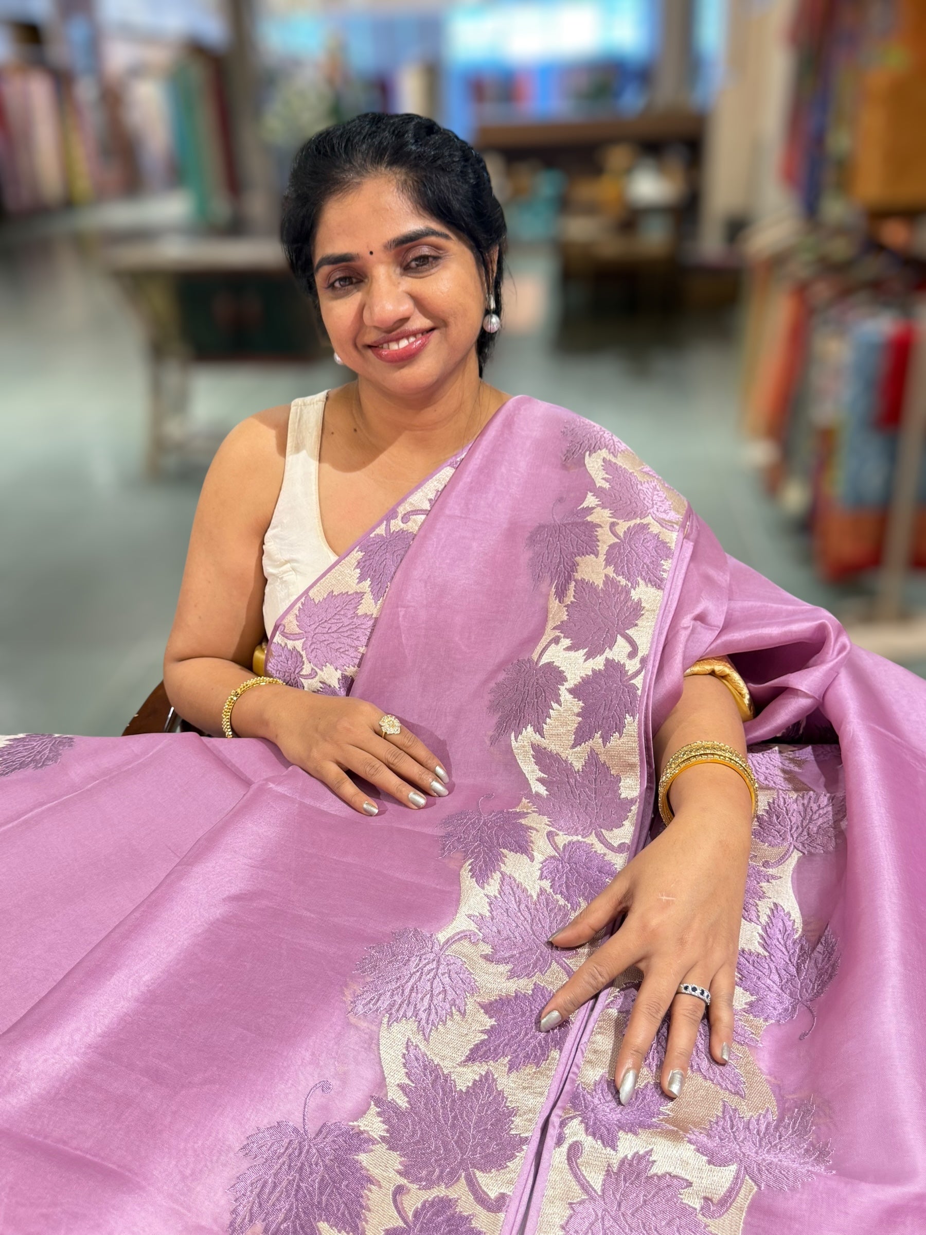 Lilac Organza Saree with Stunning Leaf Embroidered Border
