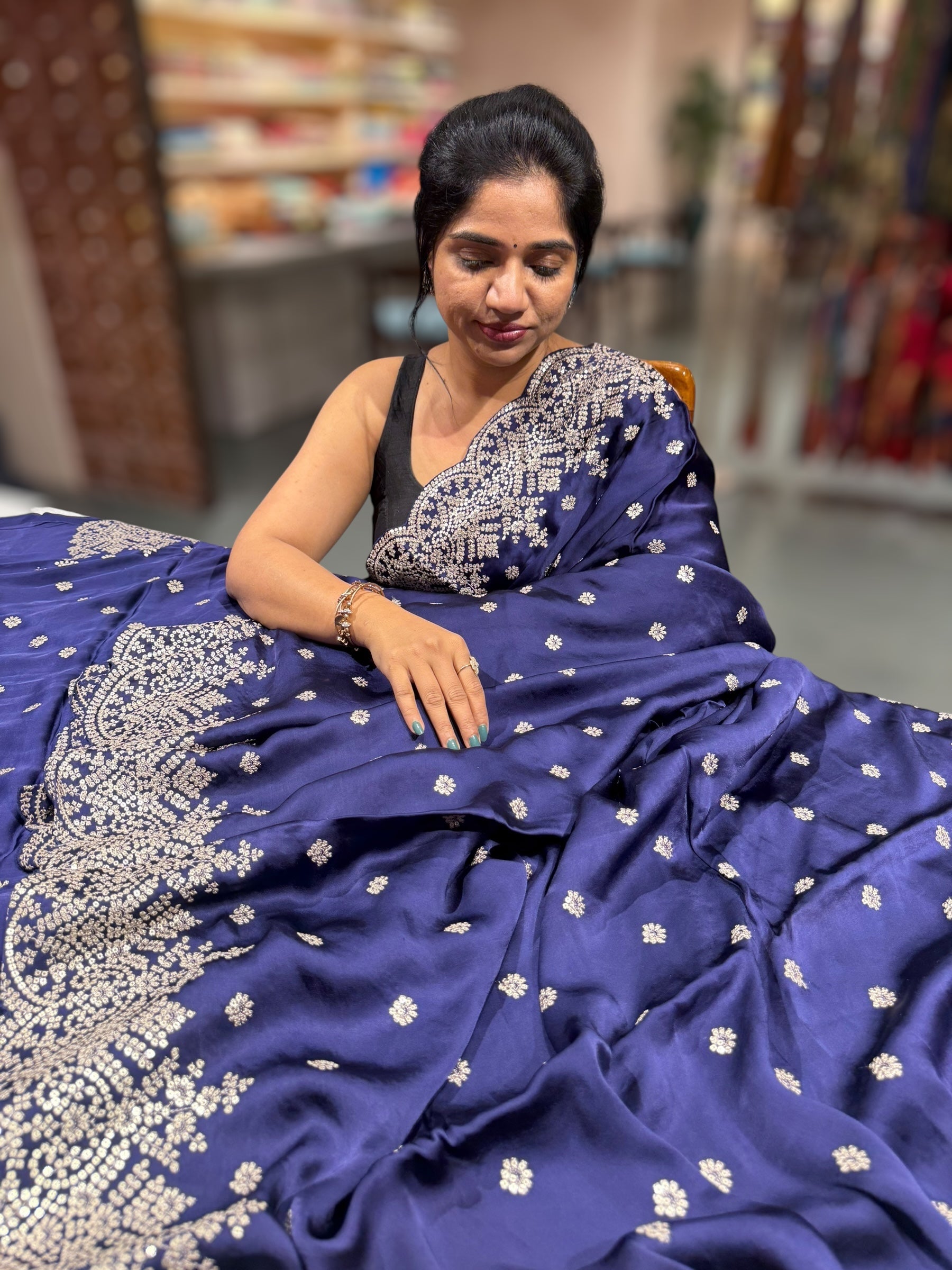 Purplish Blue Satin Saree with heavy sequnce embroidered scallop Border