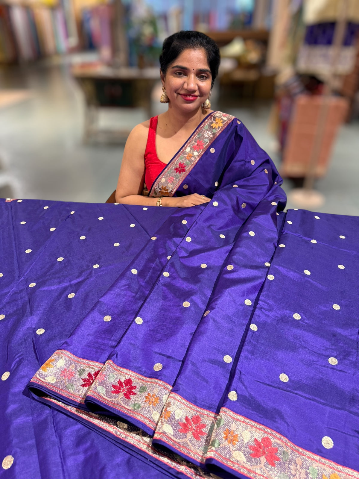 Violet Kanchi soft silk saree with pythani and jamdani inspired embroidery
