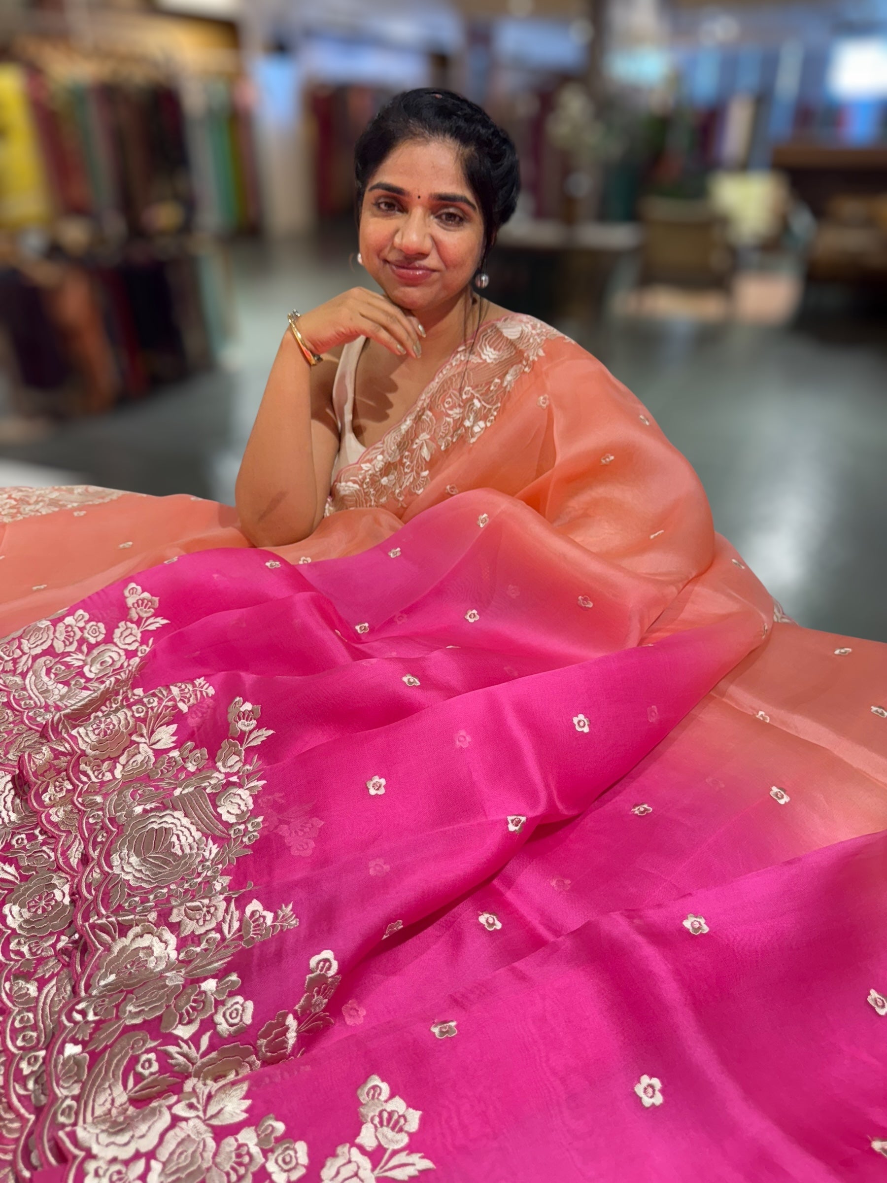 Peach & Neon Pink Shaded Organza Saree with Parsi Gara Embroidered Border