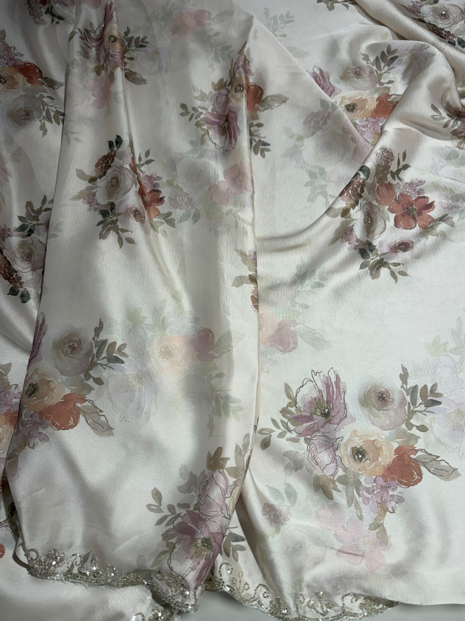 Pastel tone Pure chinnon crepe printed saree with handwork border