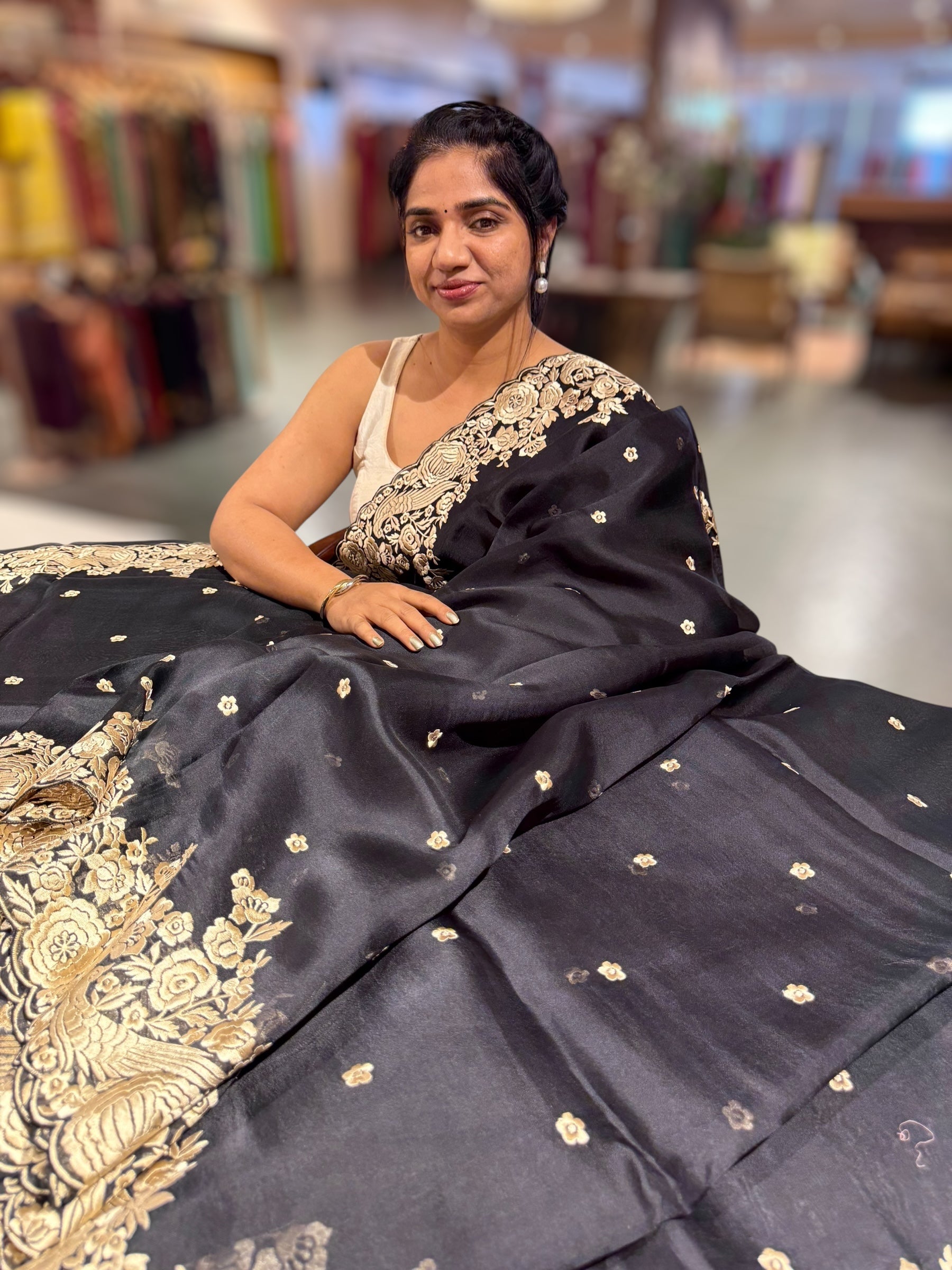 Black Organza Saree with Parsi Gara Embroidered Border