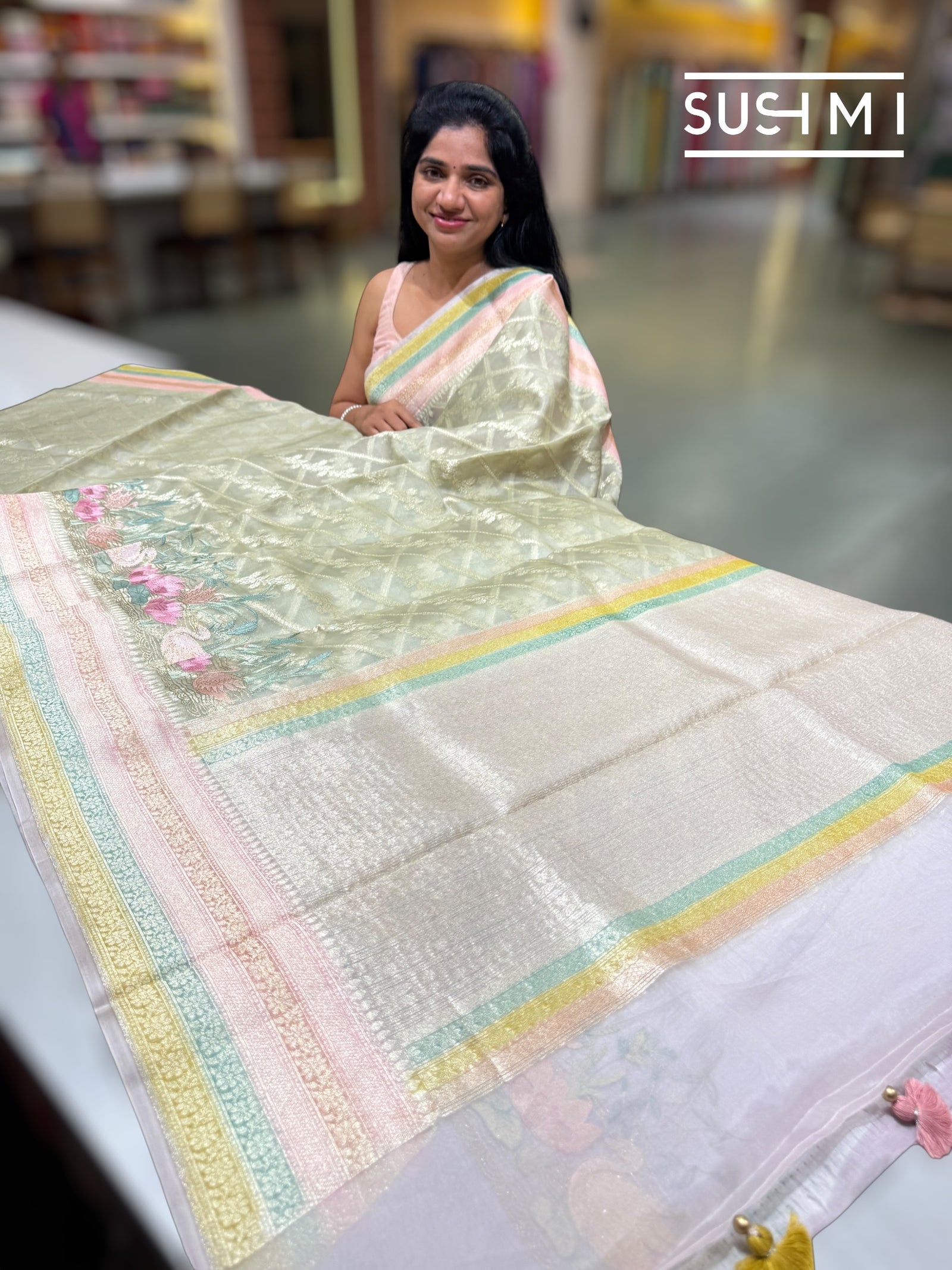 Pista Designer Kora Banarasi Saree: S62F230