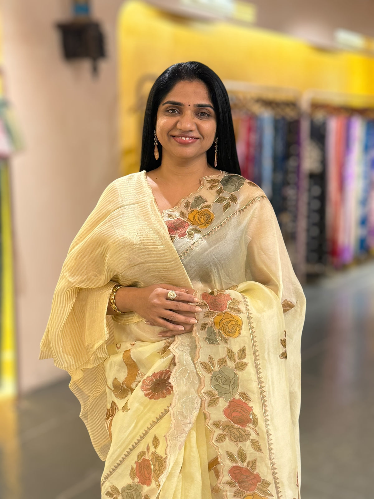 Pastel Yellow Pure Organza Applique Work Saree