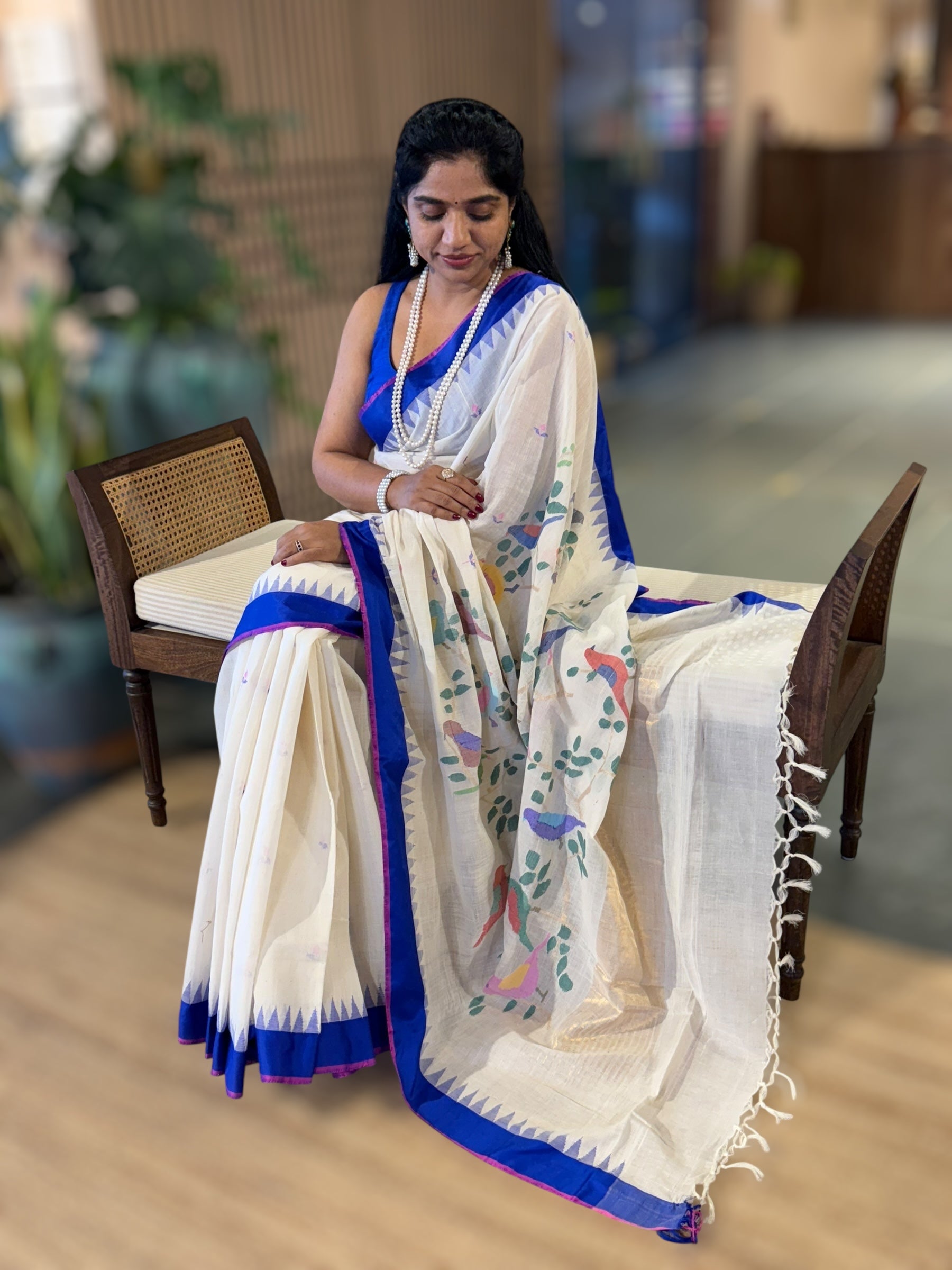 Ivory Ponduru Khadi Saree with Royal Blue Temple Border & Jamdani Bird Pallu