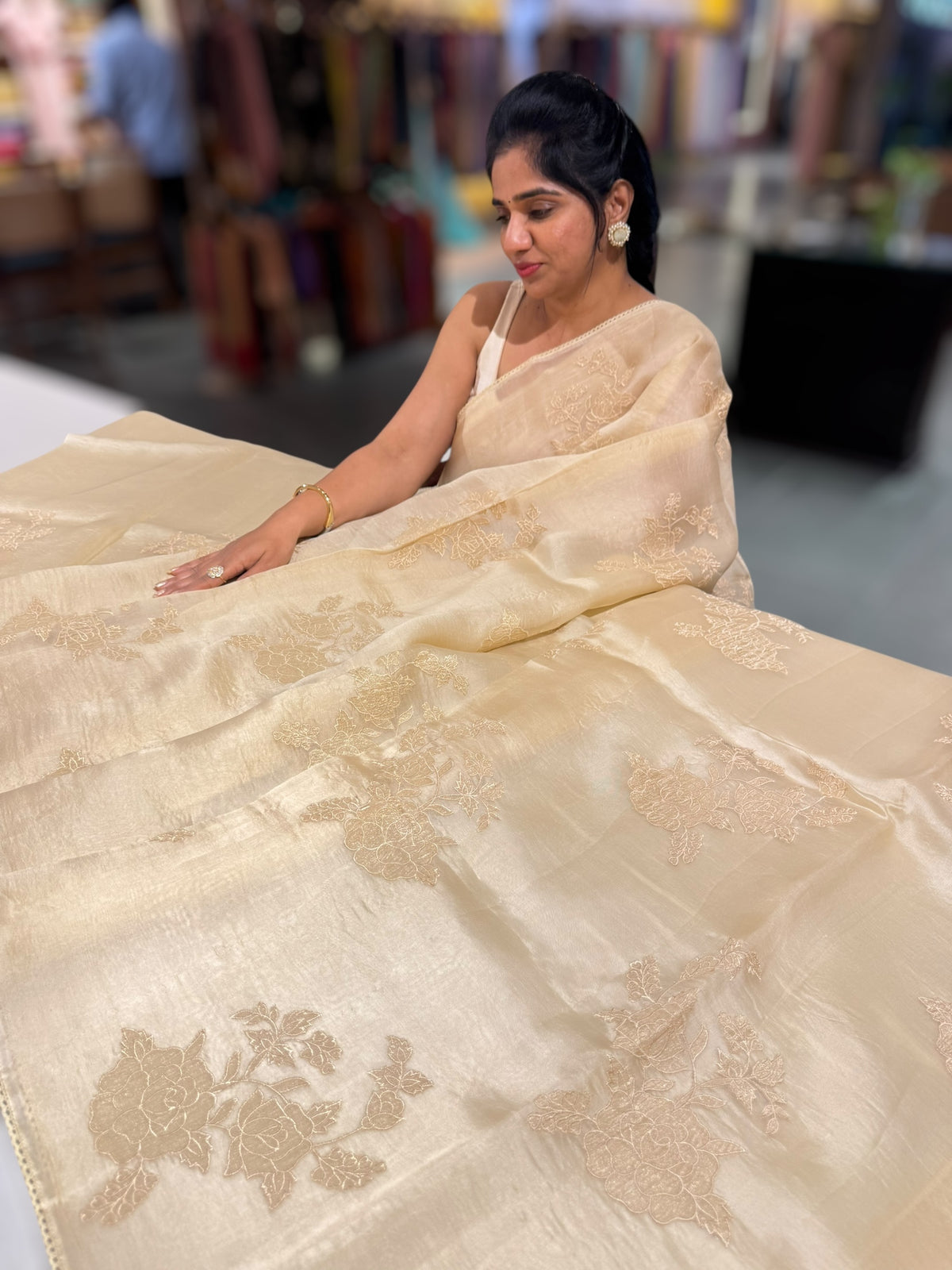 Beige Pure Organza with applique