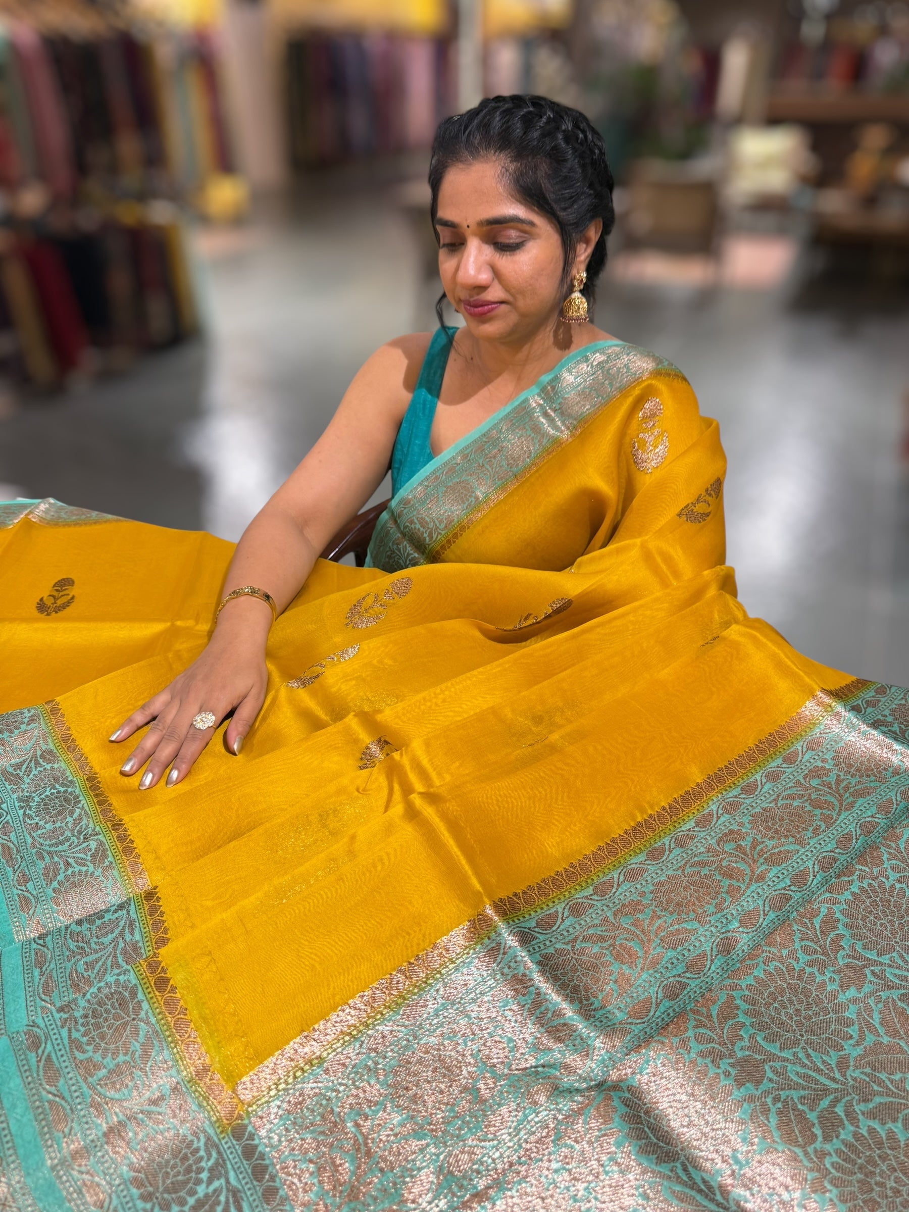 Yellow & Teal Pure Handloom Kora Banarasi Saree