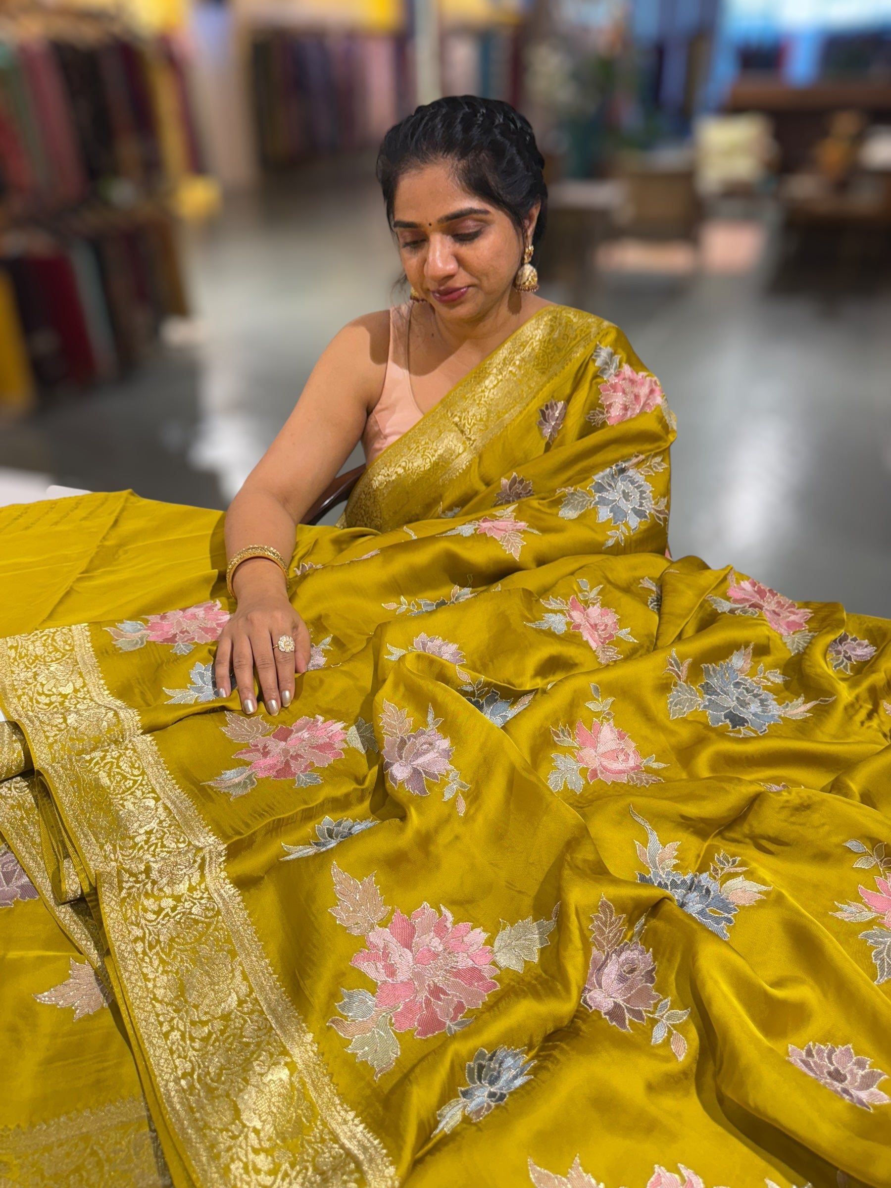 Lemon Greenish Yellow Mashru Satin Saree with Allover Floral embroidery