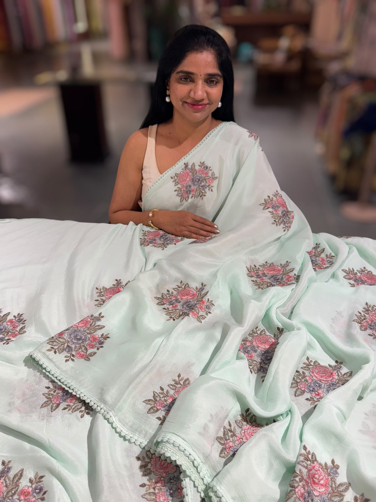 Mint chinnon with embroidery