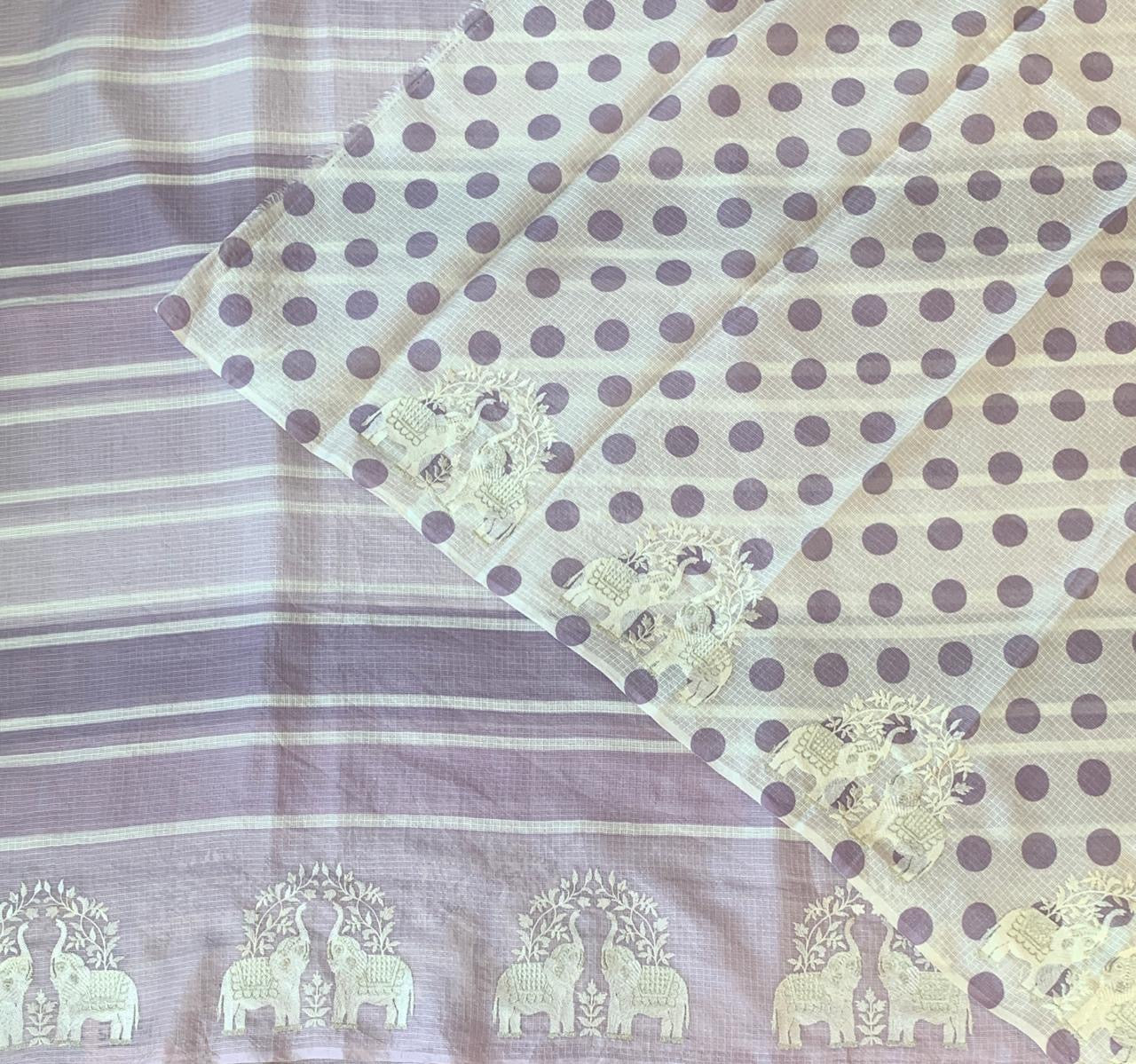 Lilac Designer Silk kota saree with elephant embroidered border