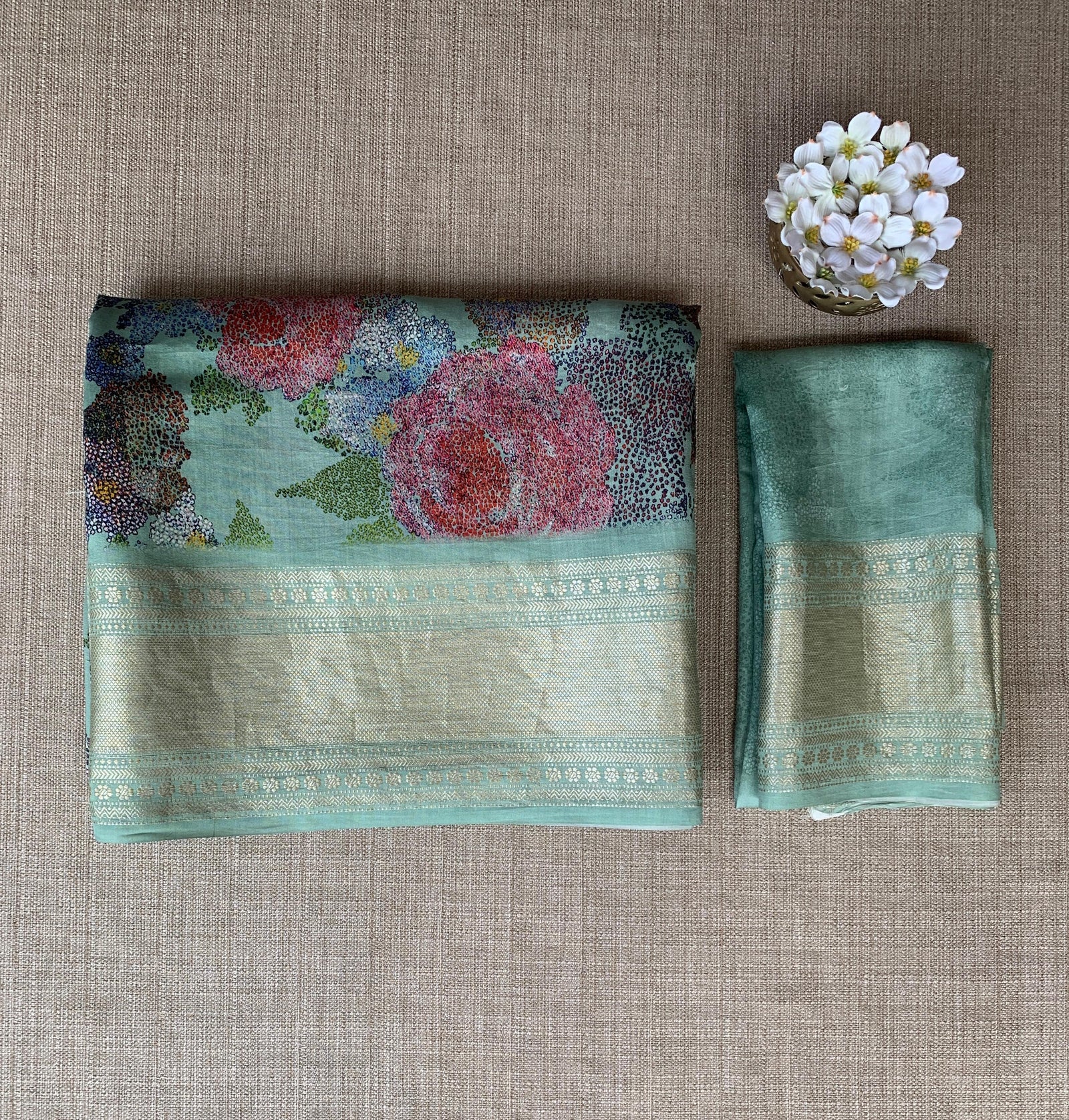 Mint Pure Handloom Chiniya Silk Saree with stunning Floral Print and zari borders