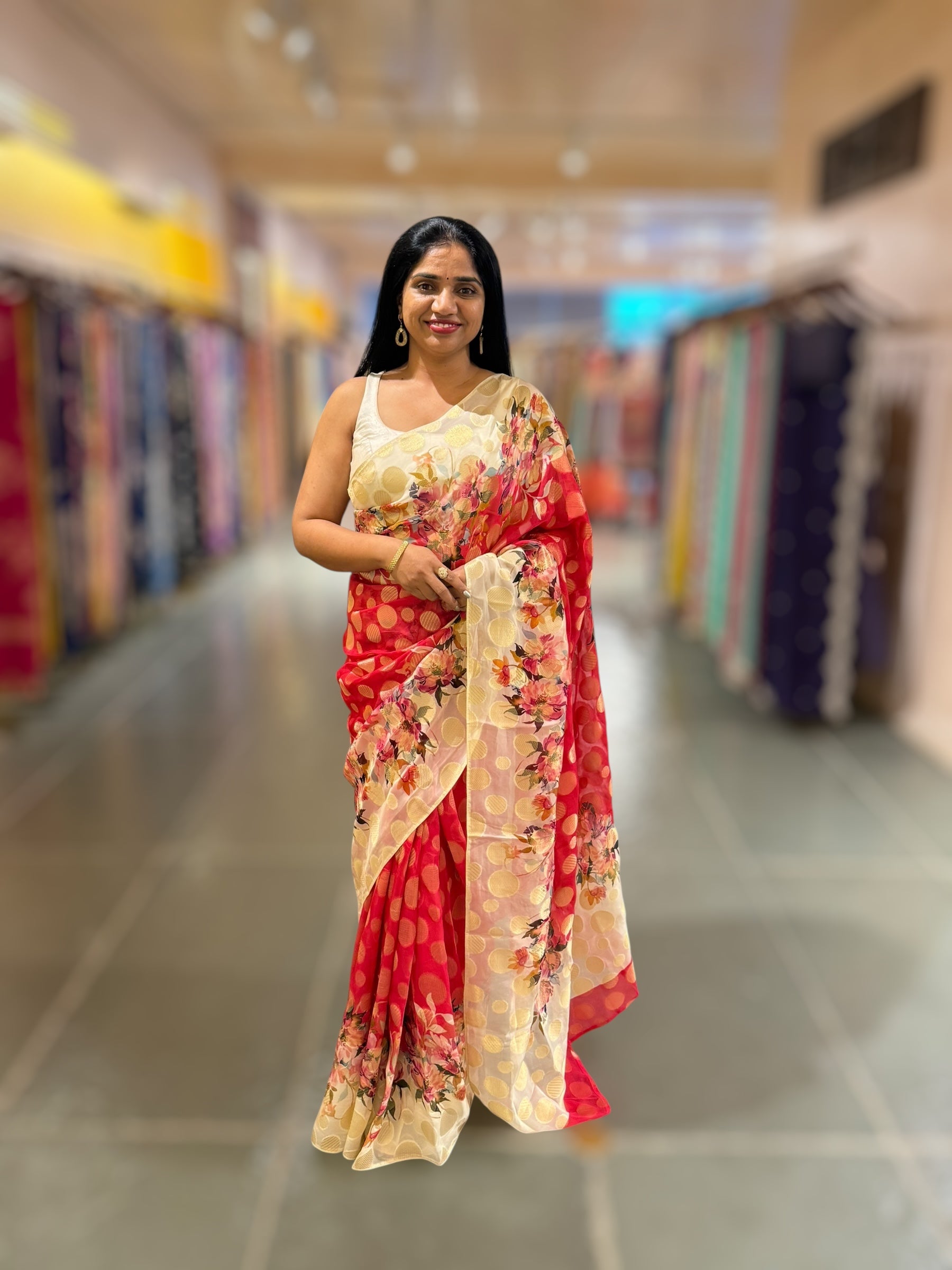 Tomato Red Banarasi Kora Gorgette Polka dot Printed Saree