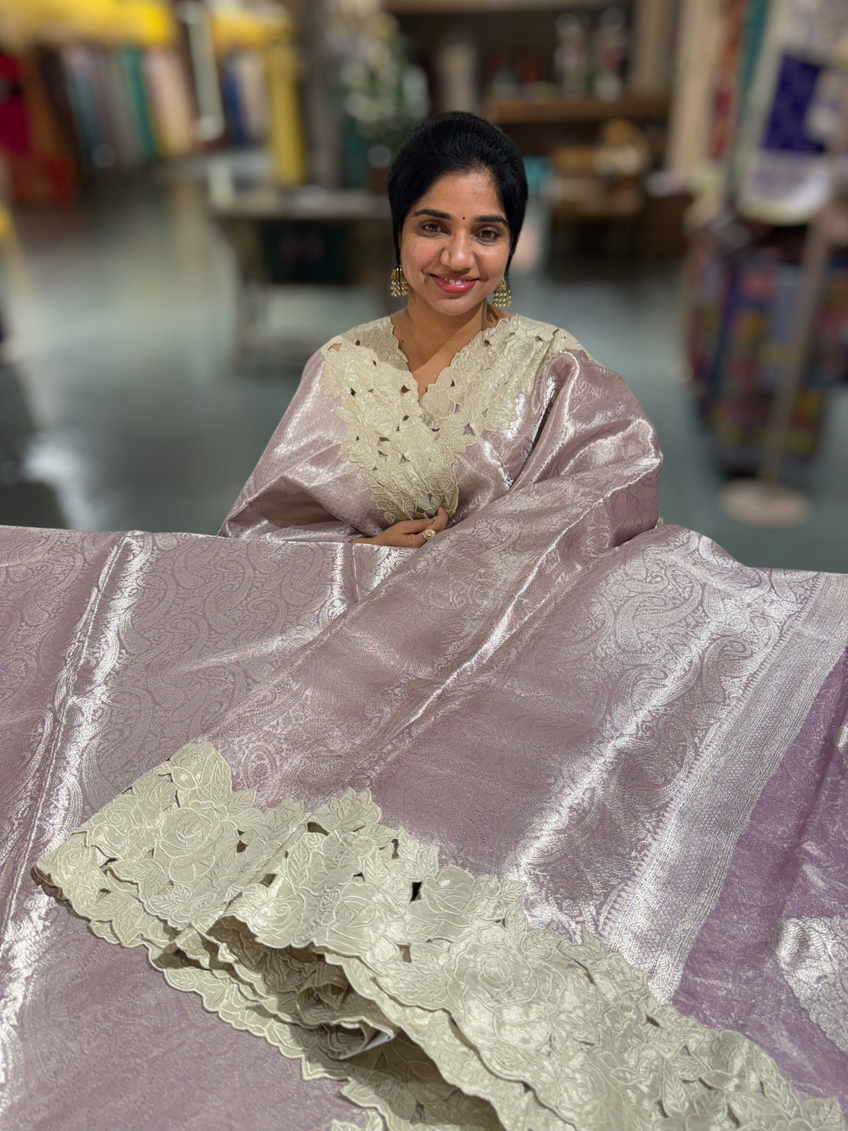 Lilac Tissue Brocade allover weaving Saree with Tissue Cutwork Rose Border