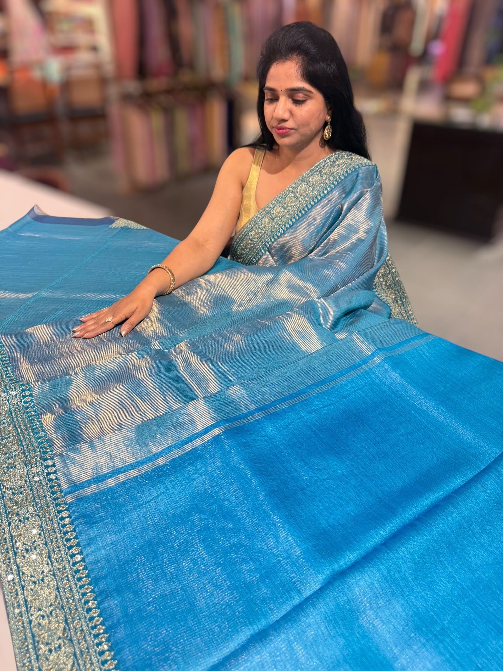 Copper sulphate kora Muslin Tissue fusion saree