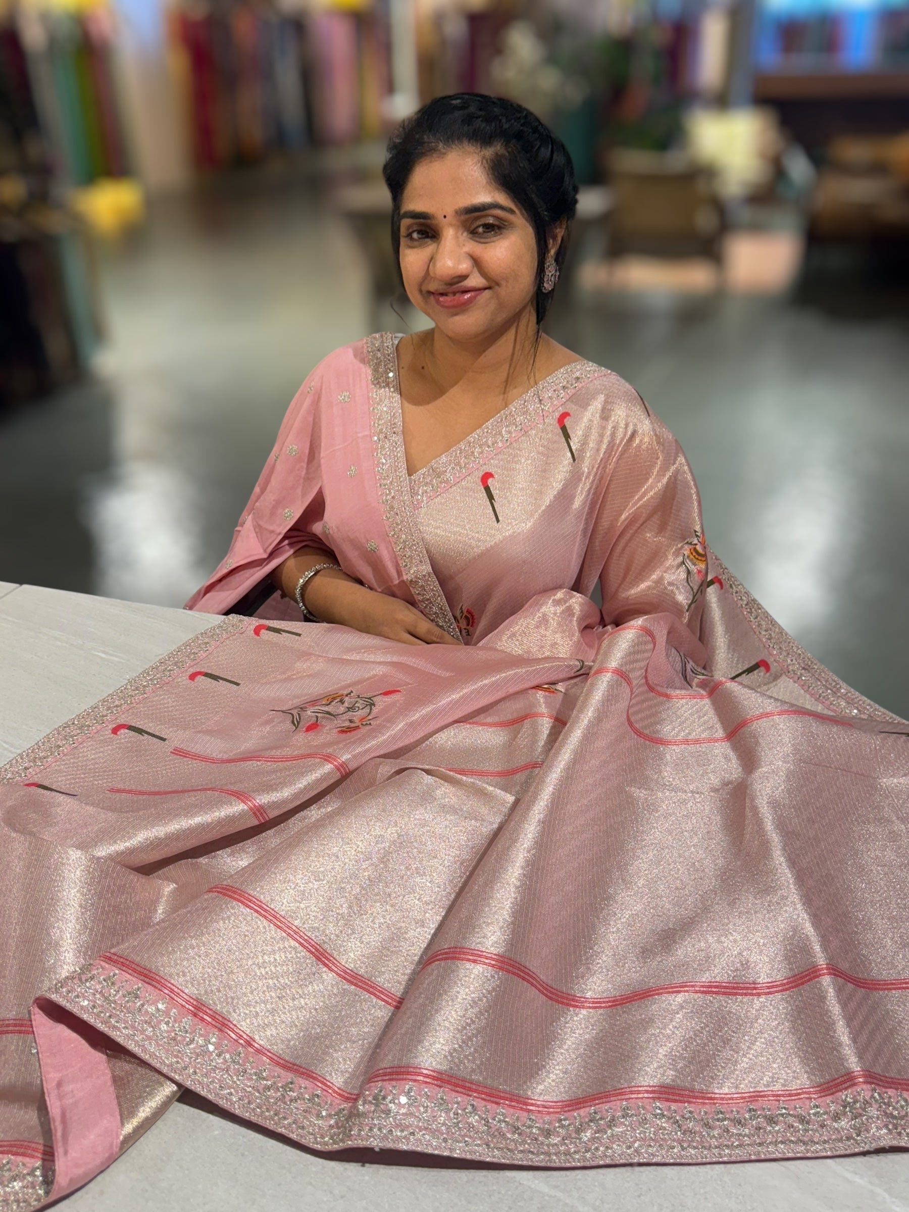 Baby Pink Tissue Kota Saree With sabhyasachi Borders and Blouses