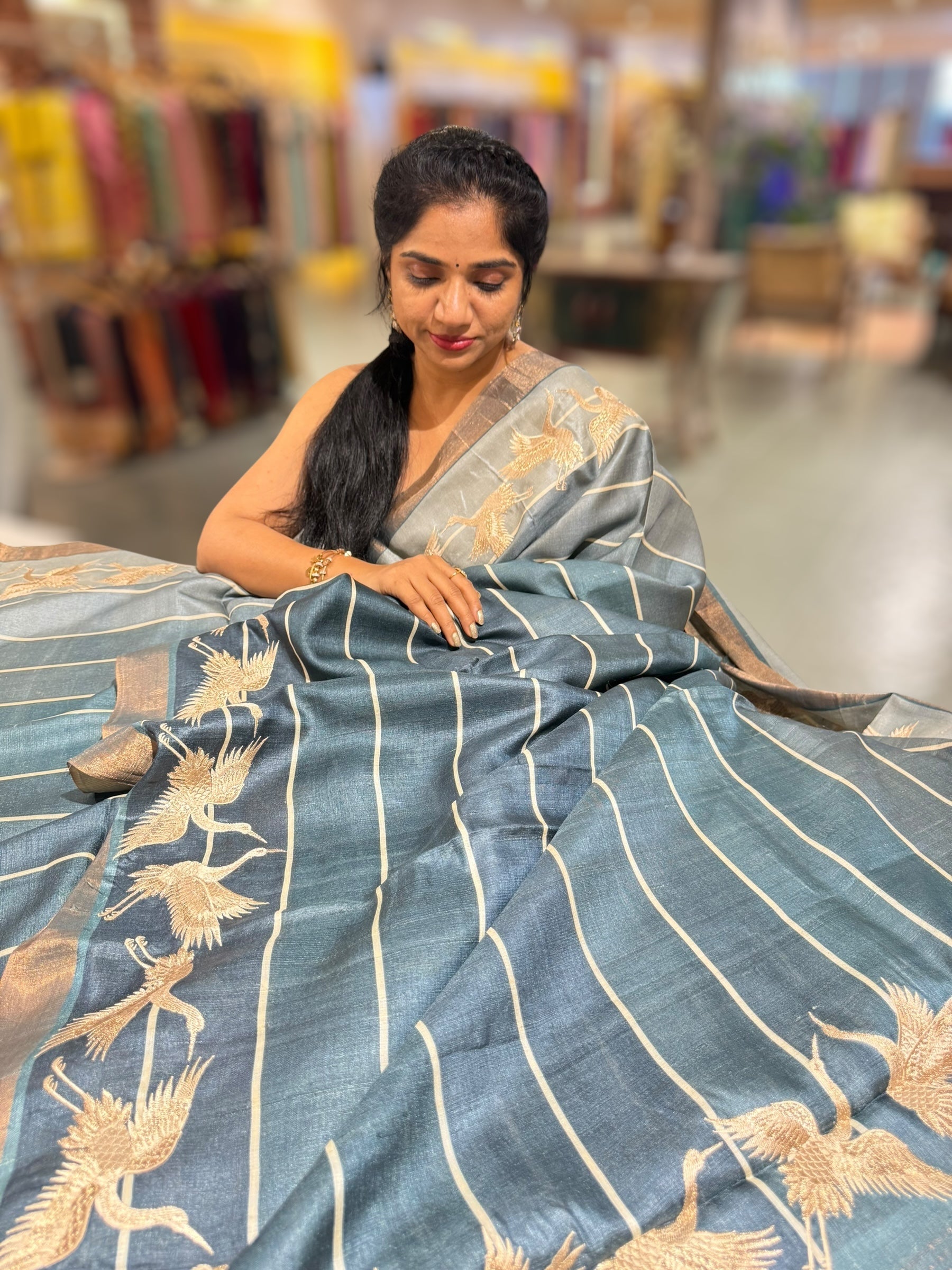 Tussar Rangkaat Saree With Crane Bird  Embroidered Border