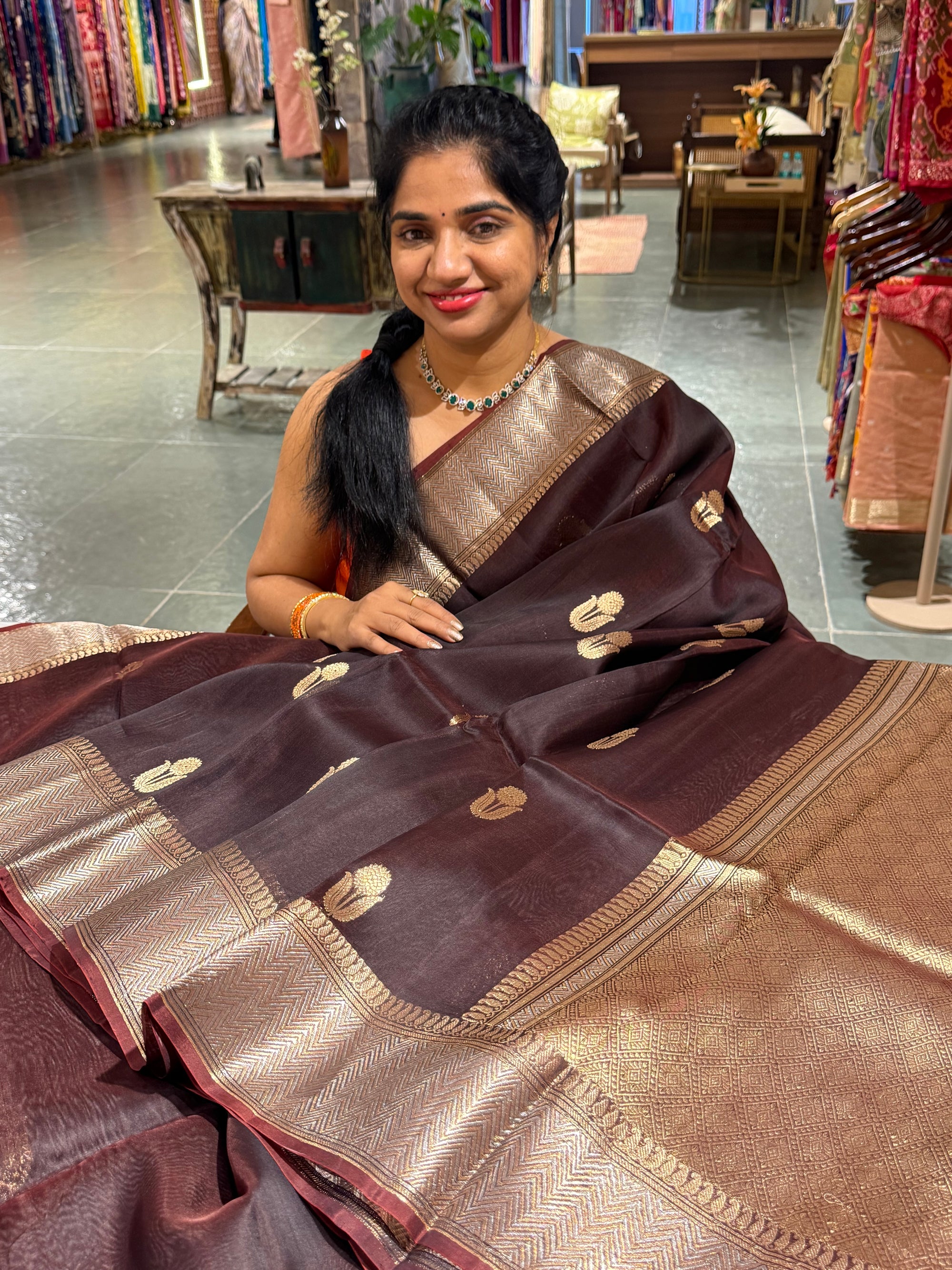 Dark Choclate Premium Kora Banarasi Saree with heavy weaving borders and Raw mango style motifs