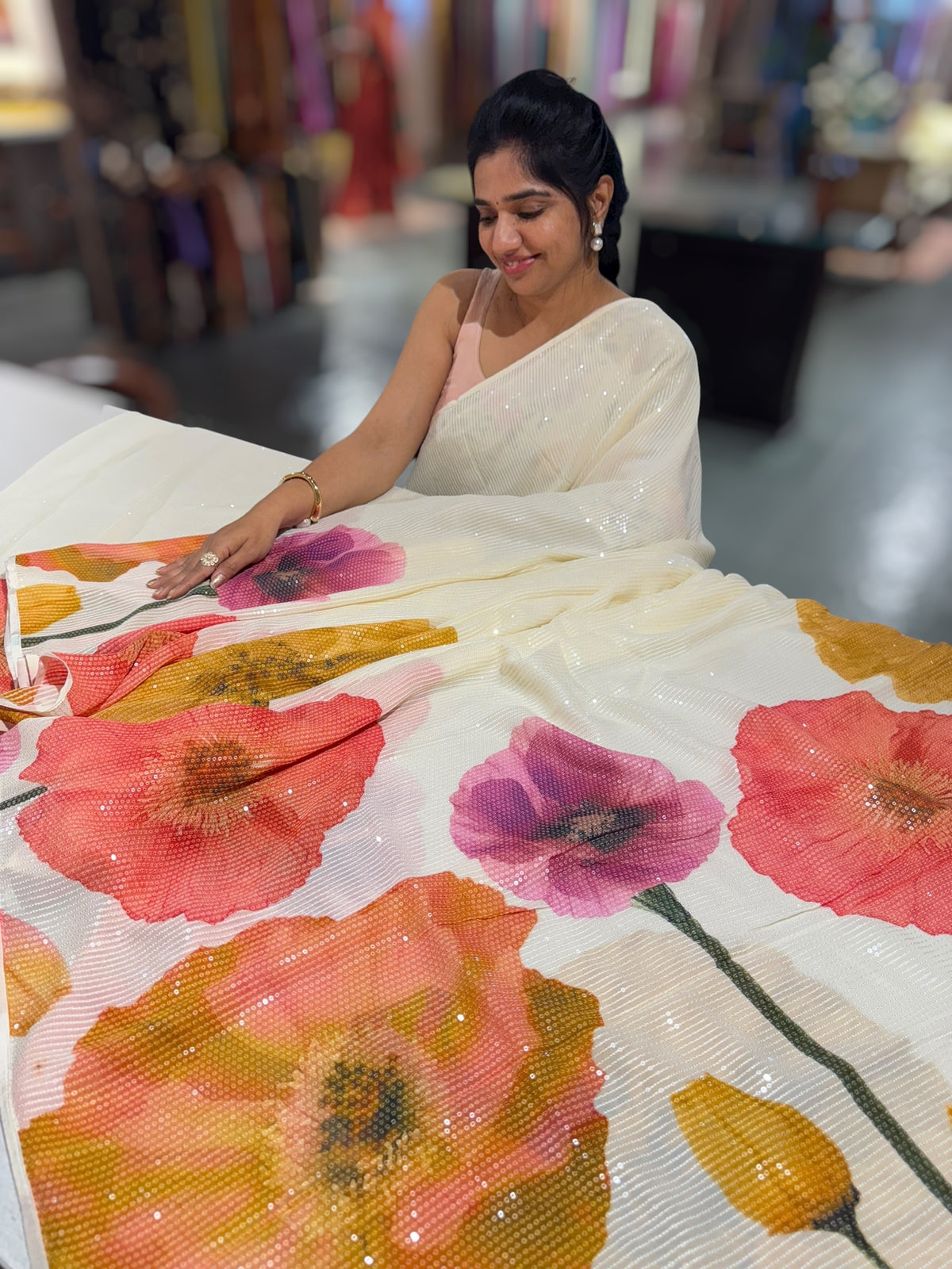 Ivory Georgette sequence Sarees with statement Floral print