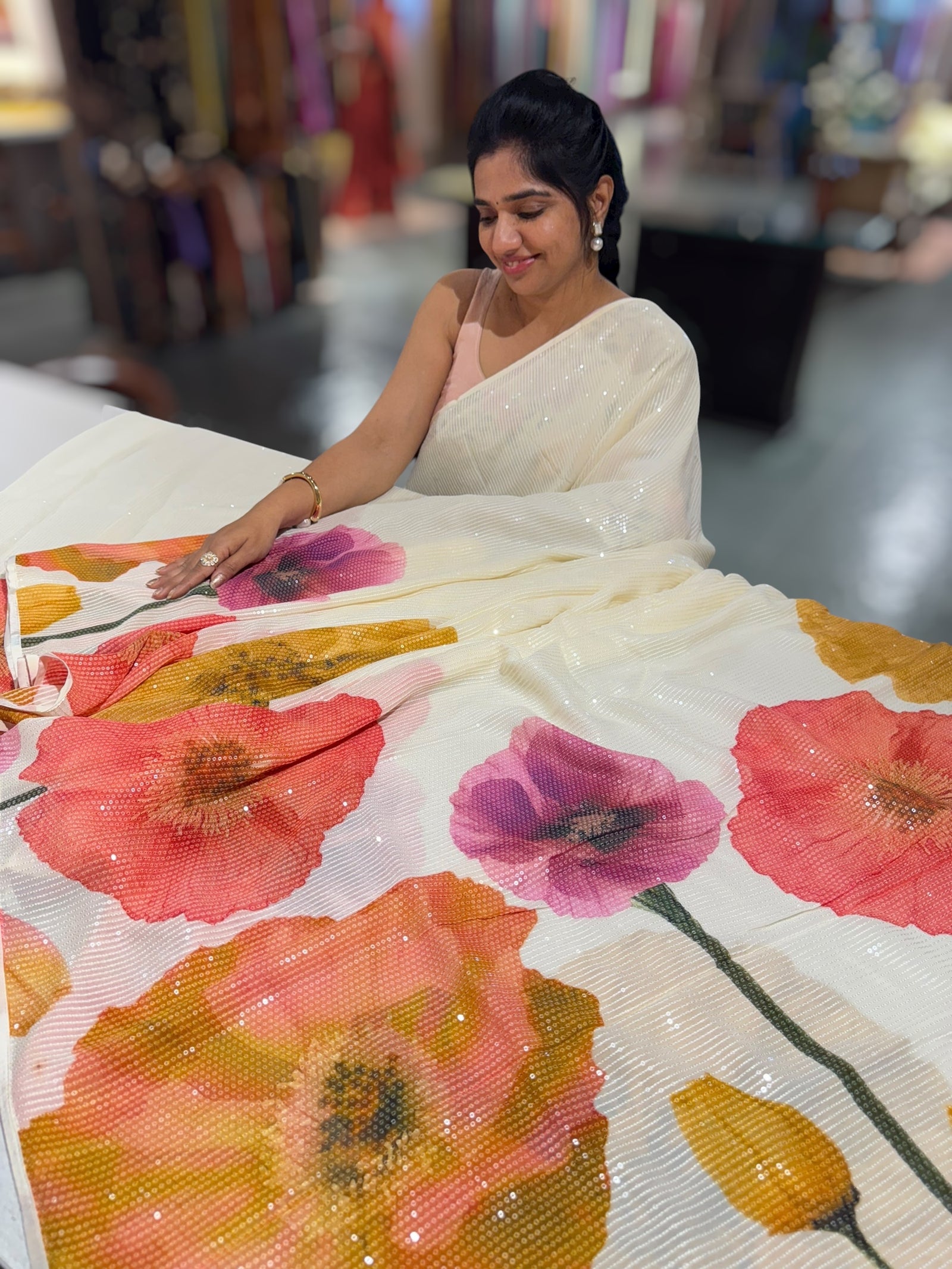 Ivory Georgette sequence Sarees with statement Floral print