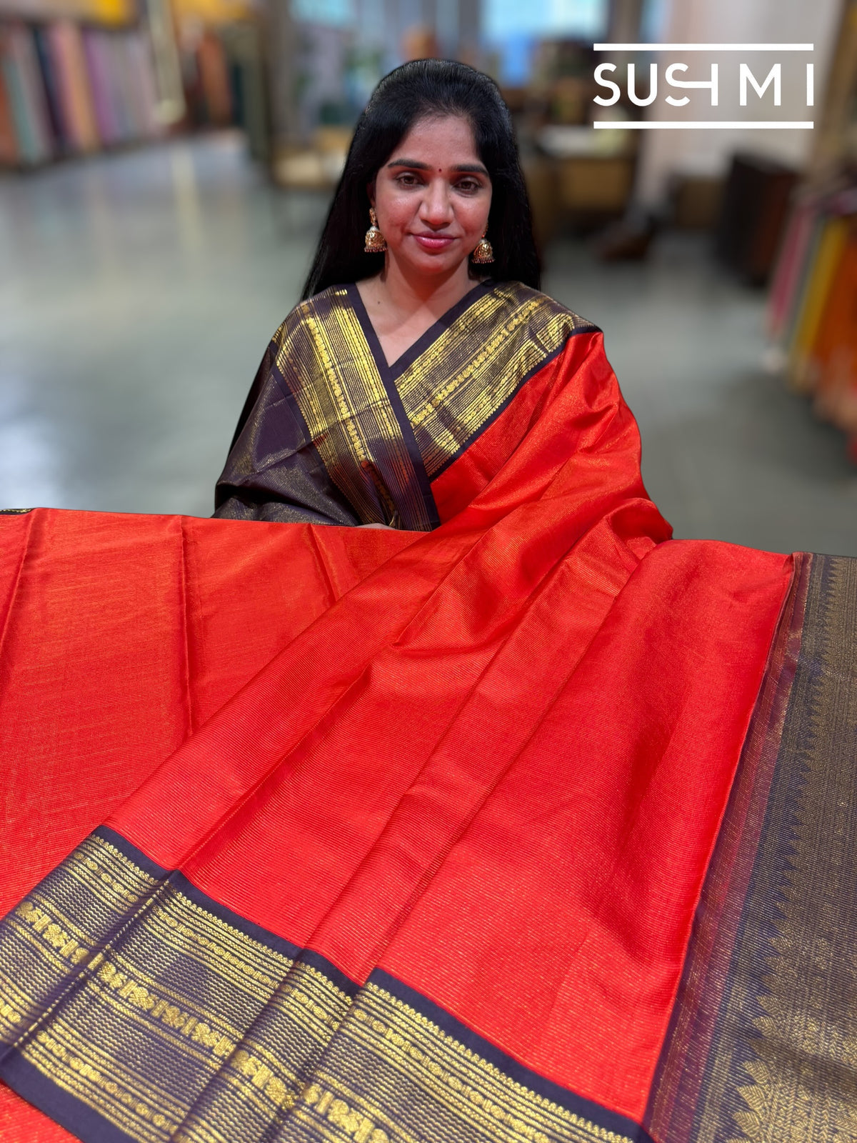 Fanta Orange Vaira Oosi Stripes Vintage Kanjeevaram Saree : S62F120