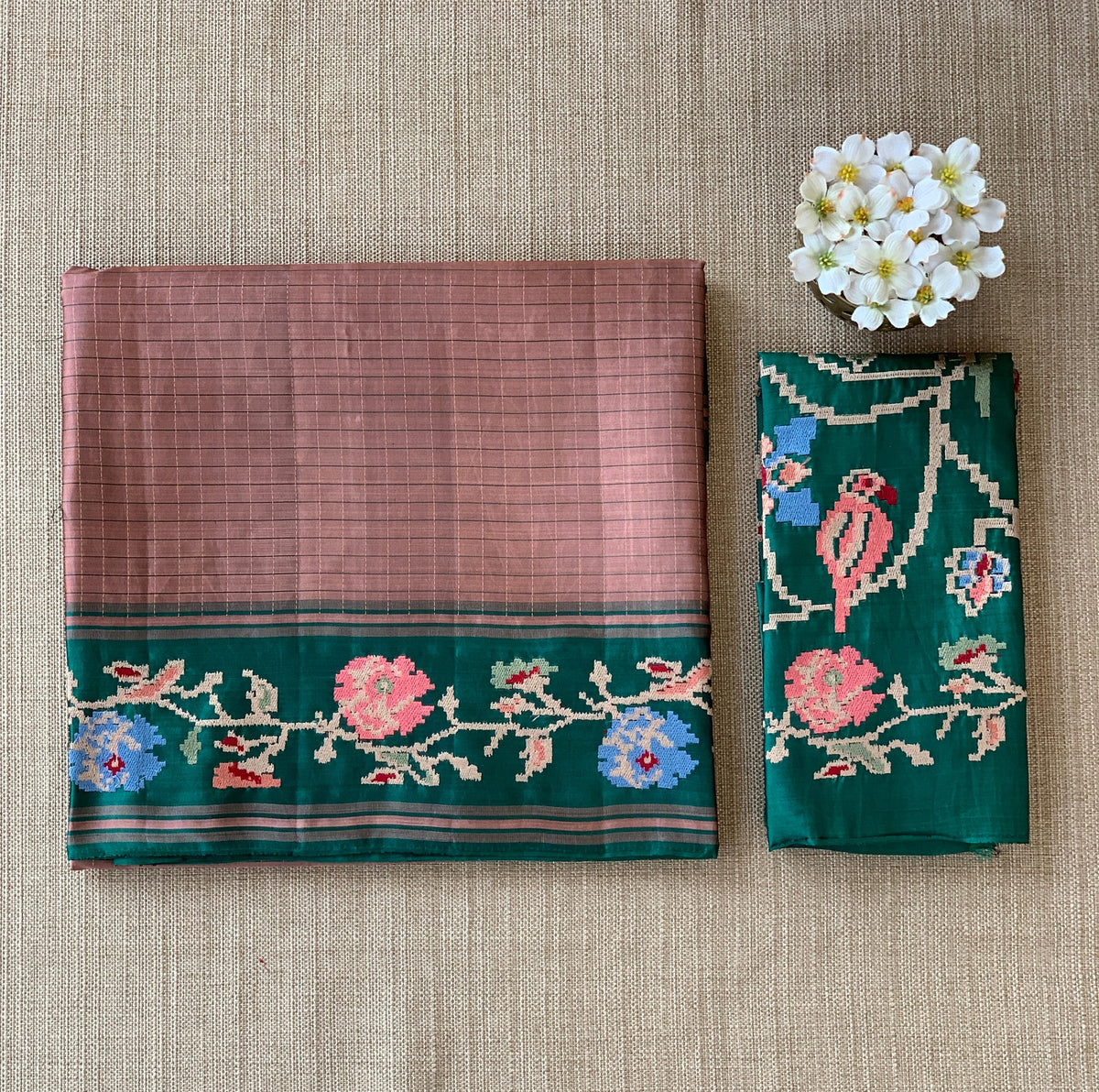 Terracota & Teal Vintage Kanchi soft silk saree with embroidery