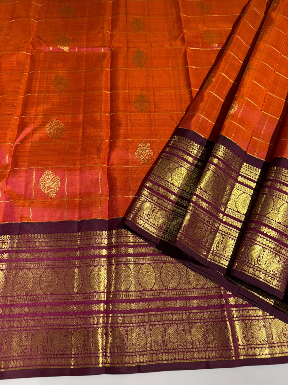 Rust Orange & winish Brown Combo Vintage Checks Kanjeevaram Saree