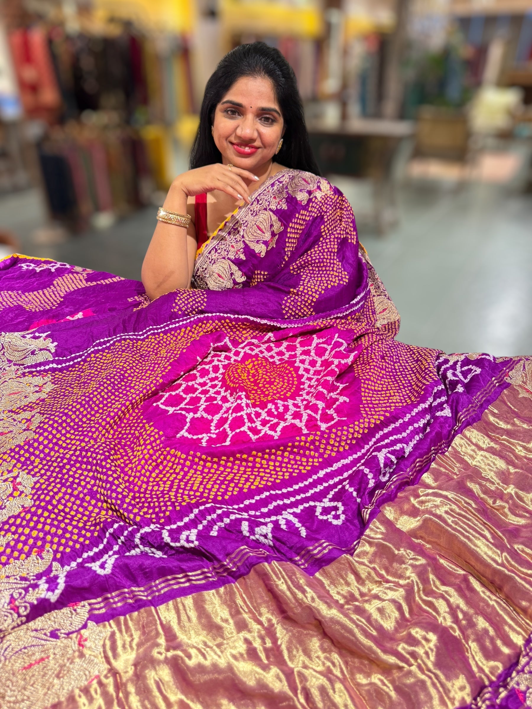 Purple Designer Rai Bandhej Saree With Embroidered Border