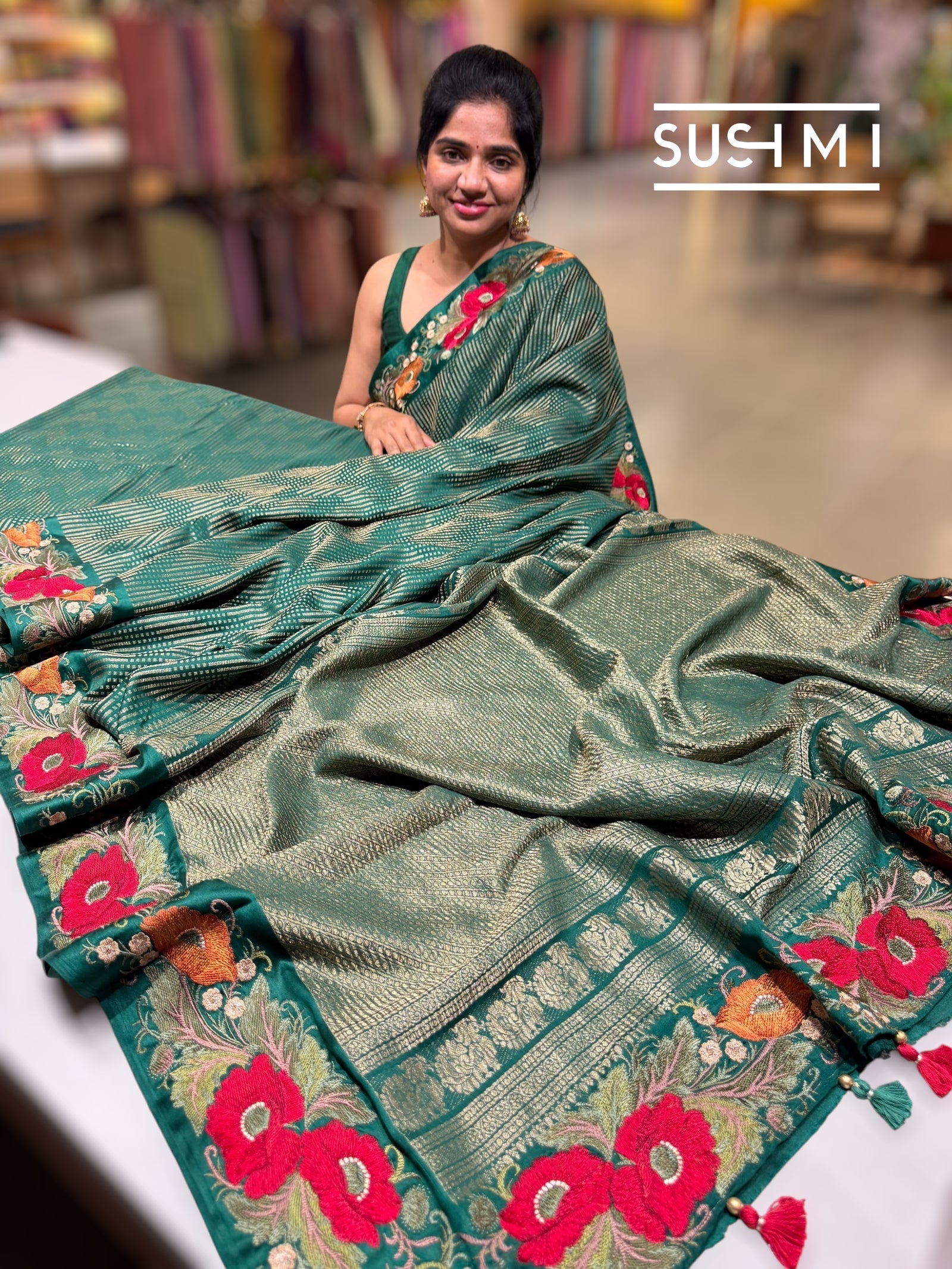 Bottle Green Mysore silk with embroidered border S62F063