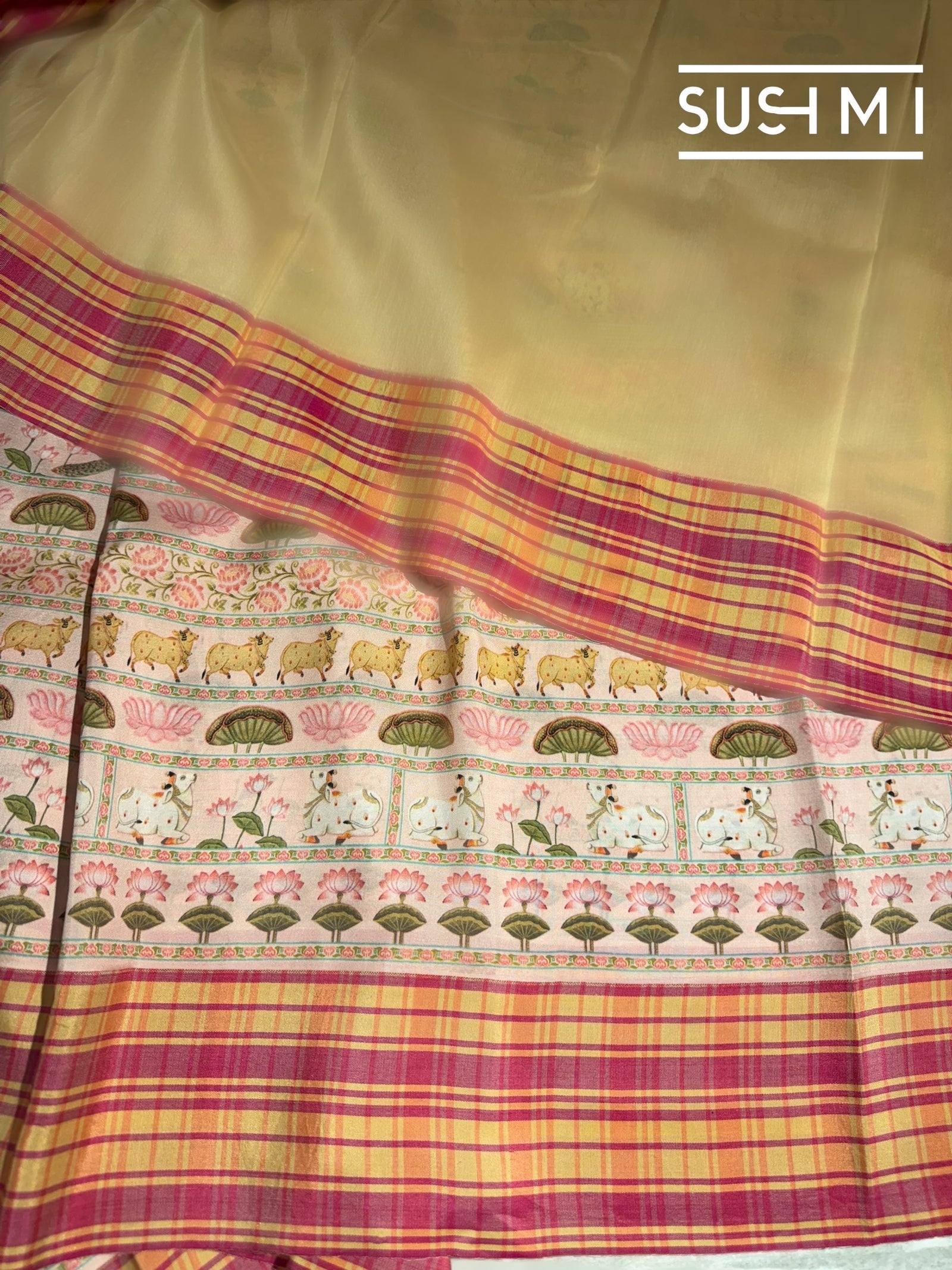 Pastel Pink printed soft silk saree with burberry checks border : D62F036