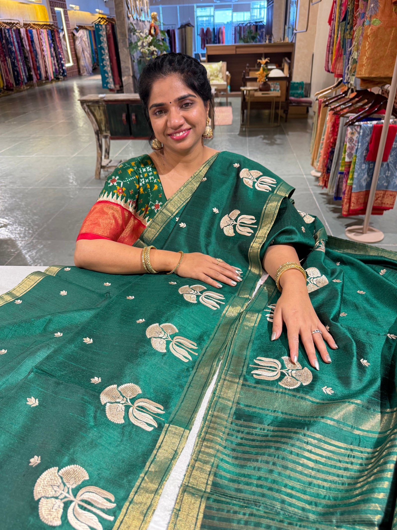 Bottle Green Handloom Raw Silk Saree
