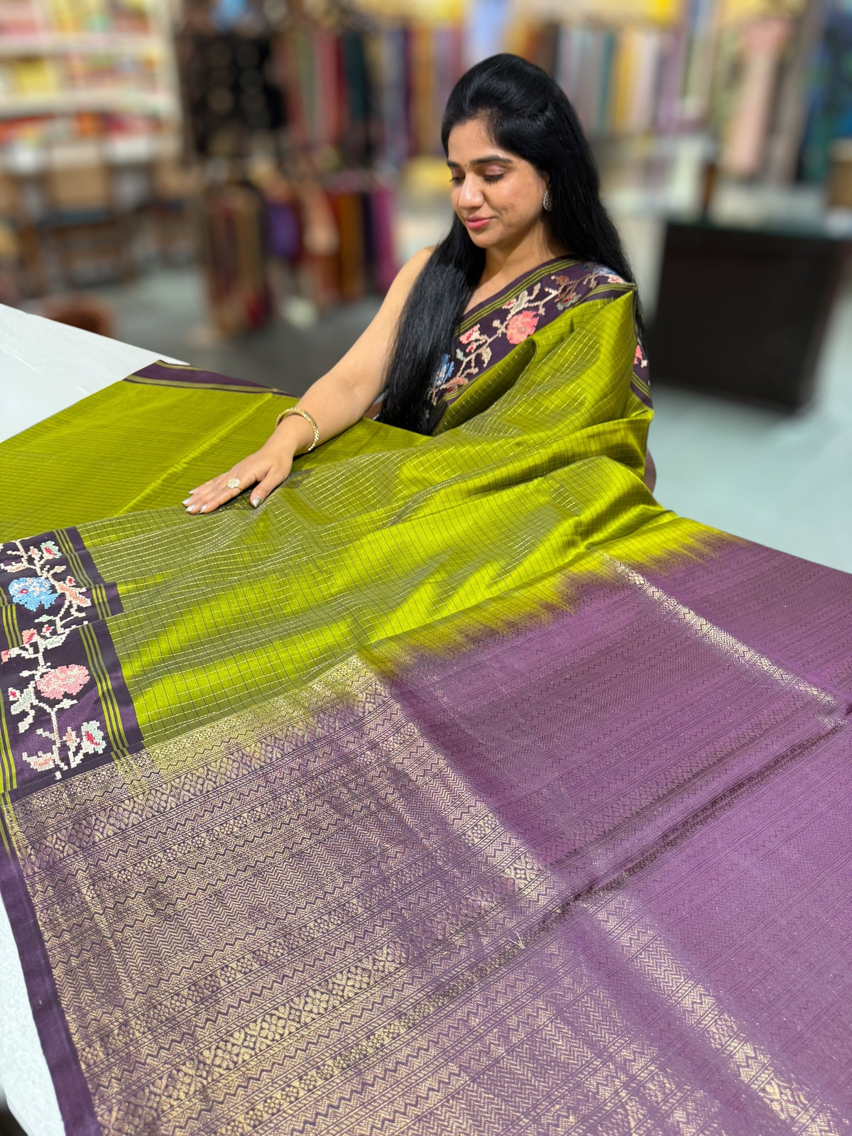 Leaf Green & Grape Wine Combo Vintage Kanchi soft silk saree with embroidery