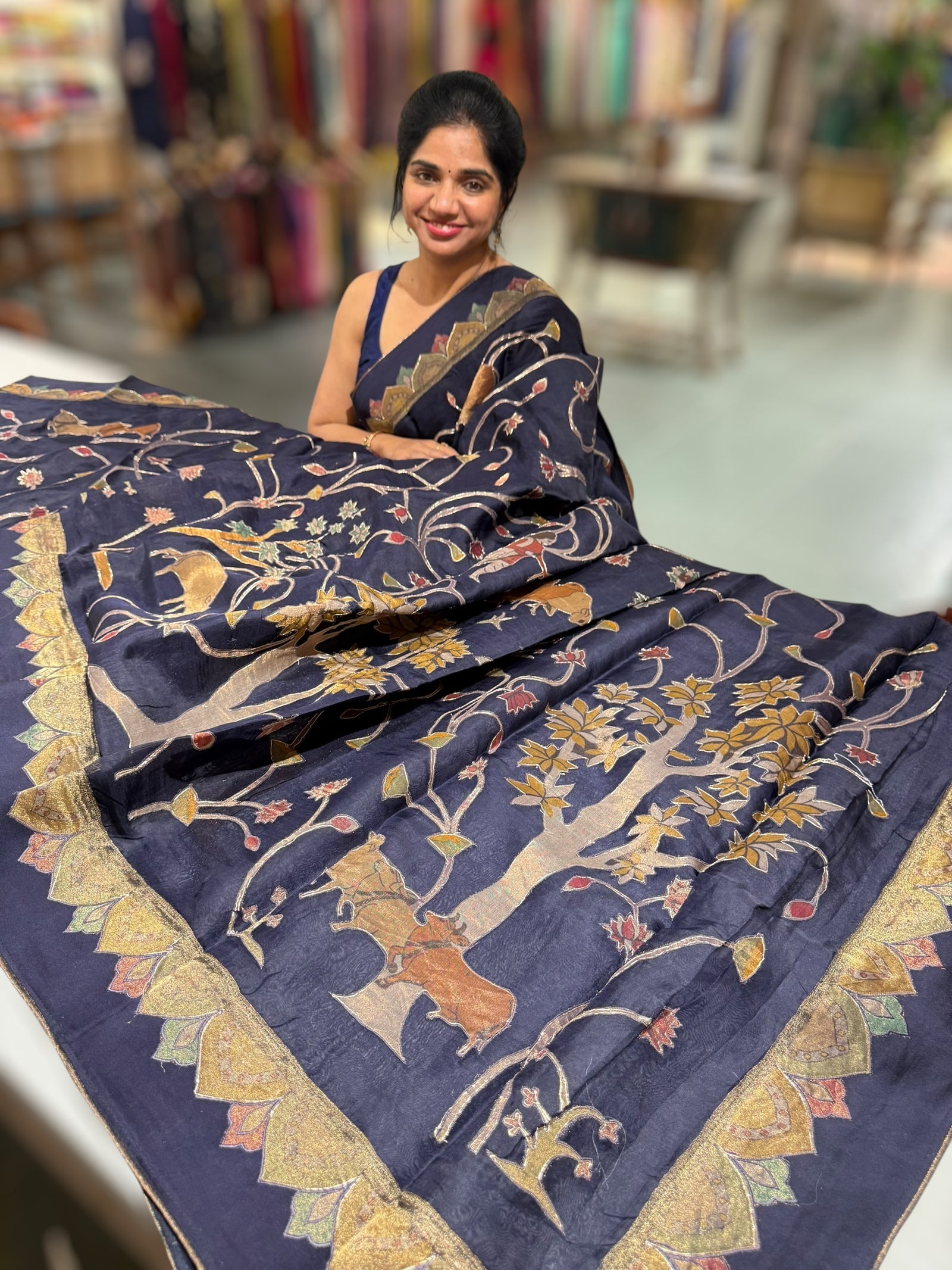 Midnight Blue Designer Organza Saree with Stunning Tissue Applique work Saree with Village theme