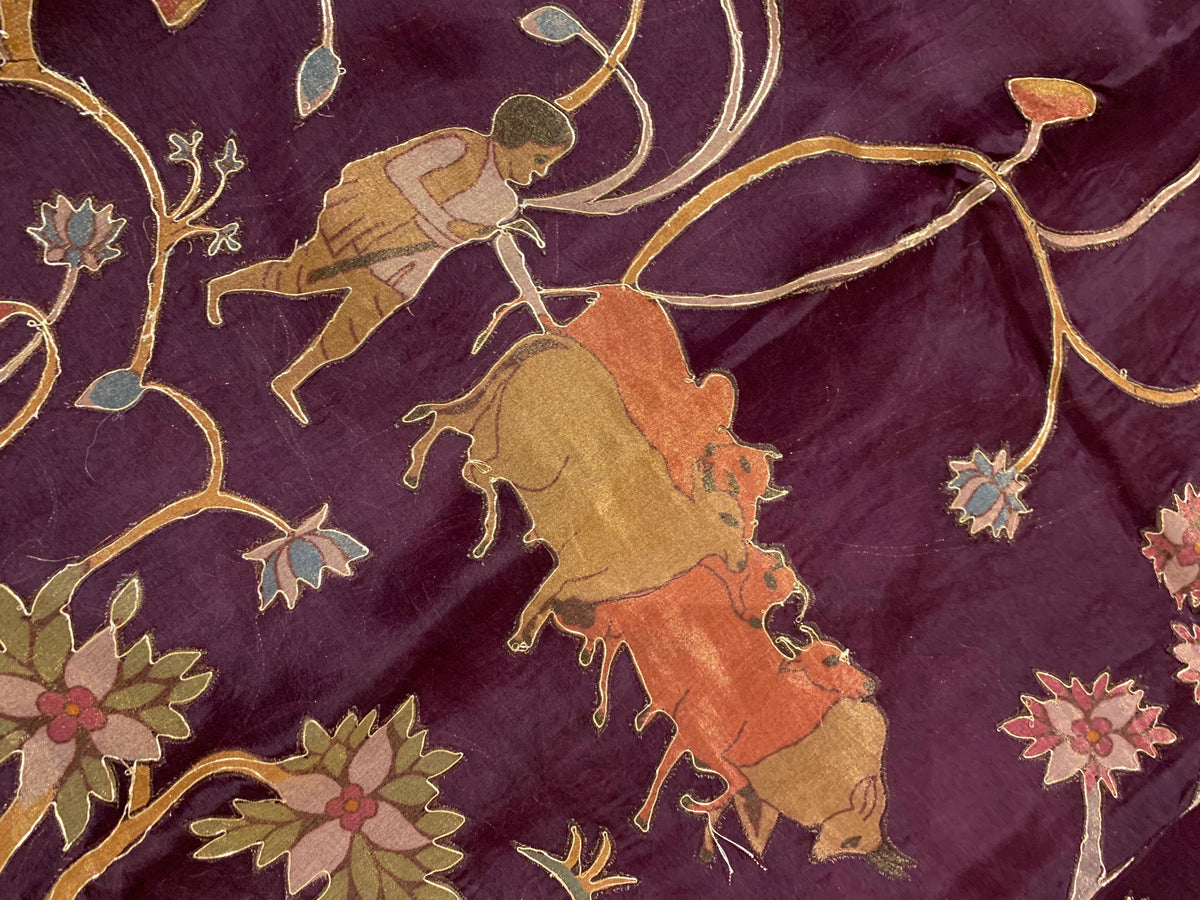 Wine Designer Organza Saree with Stunning Tissue Applique work Saree with Village theme