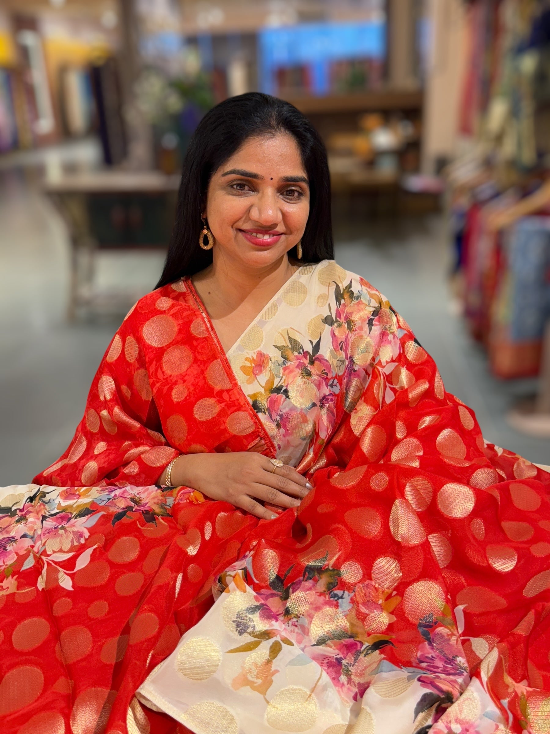 Orangish Red Banarasi Kora Gorgette Polka dot Printed Saree