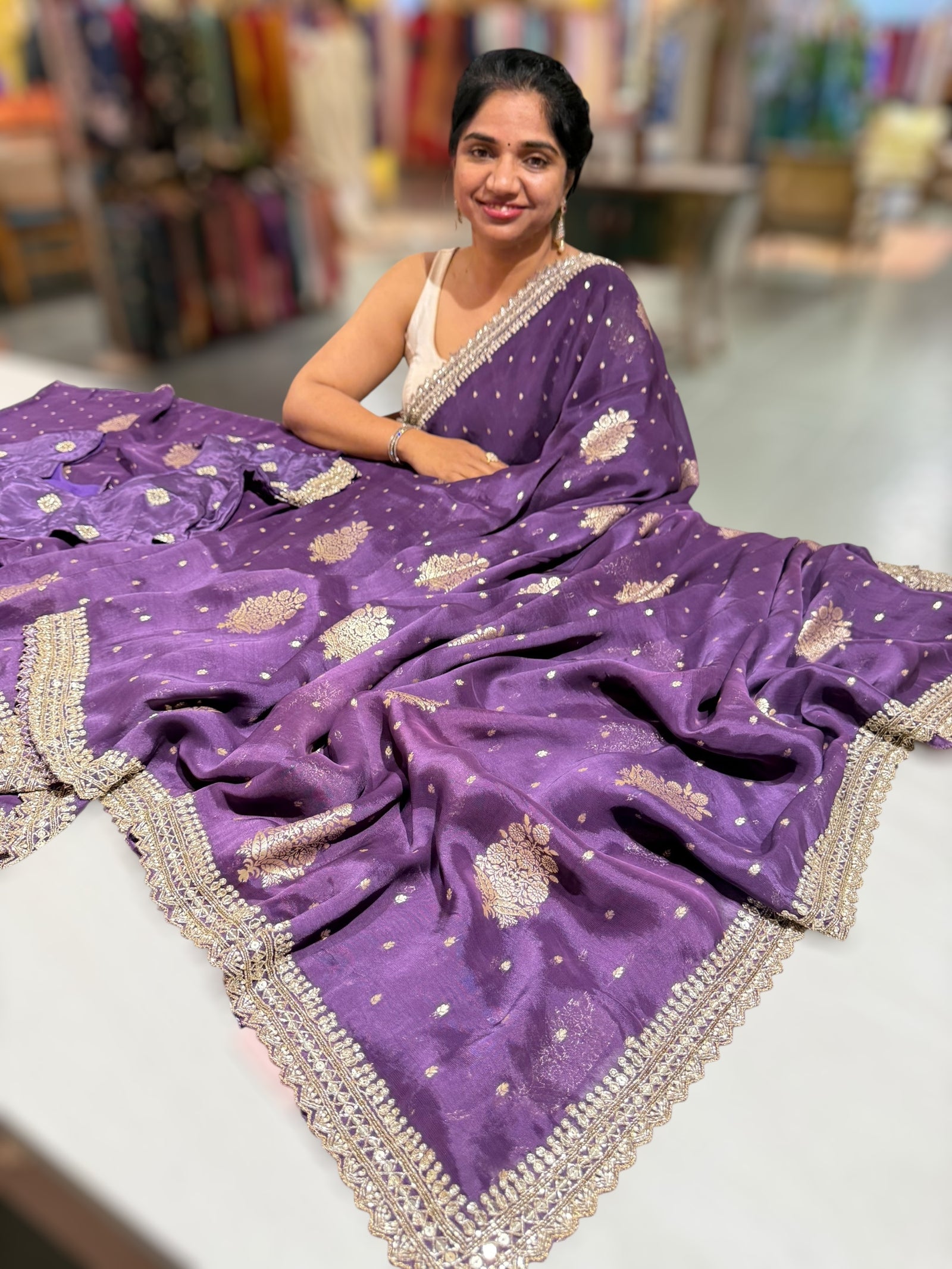 Violet Tissue Georgette Saree heavy handwork border paired with ready to wear blouse