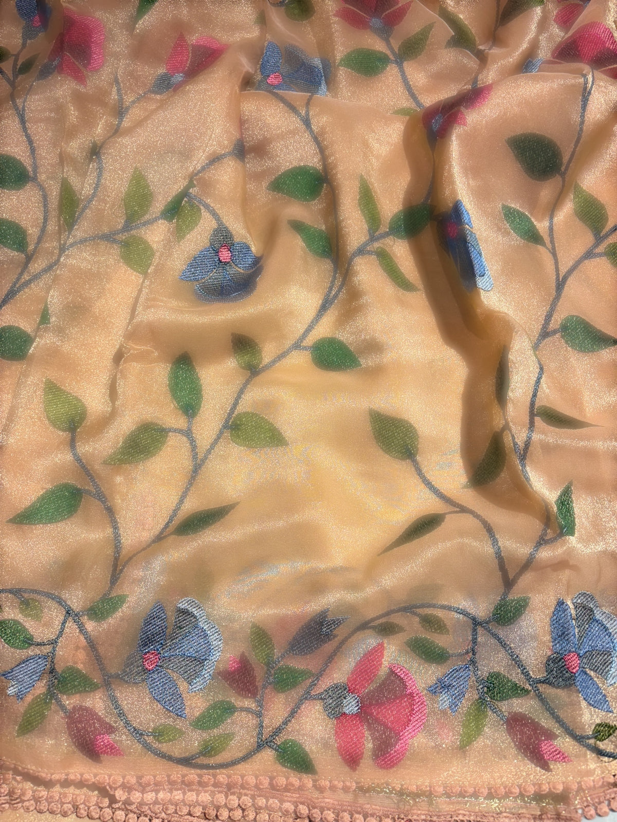 Peach Pink Tissue georgette saree with embroidey