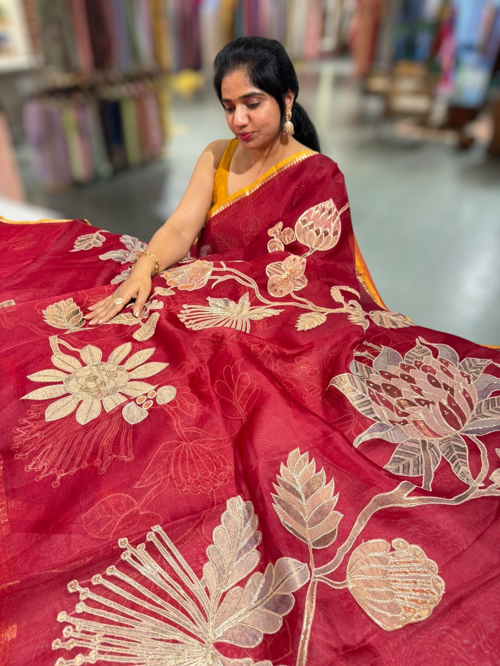 Maroon Designer Organza with Tissue applique work