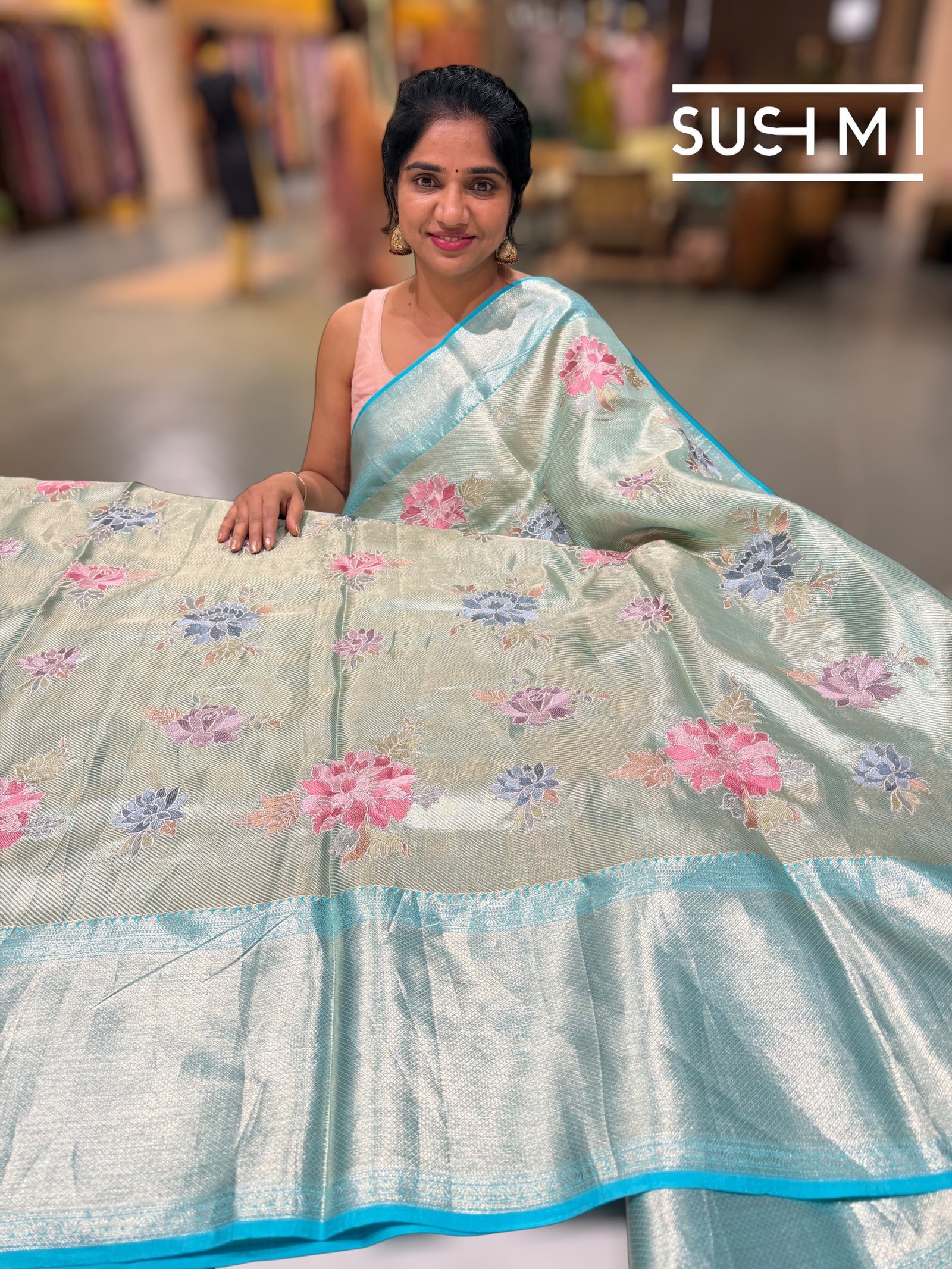 Mint Blue  Kanchi Tissue Saree with embroidery: S62F228