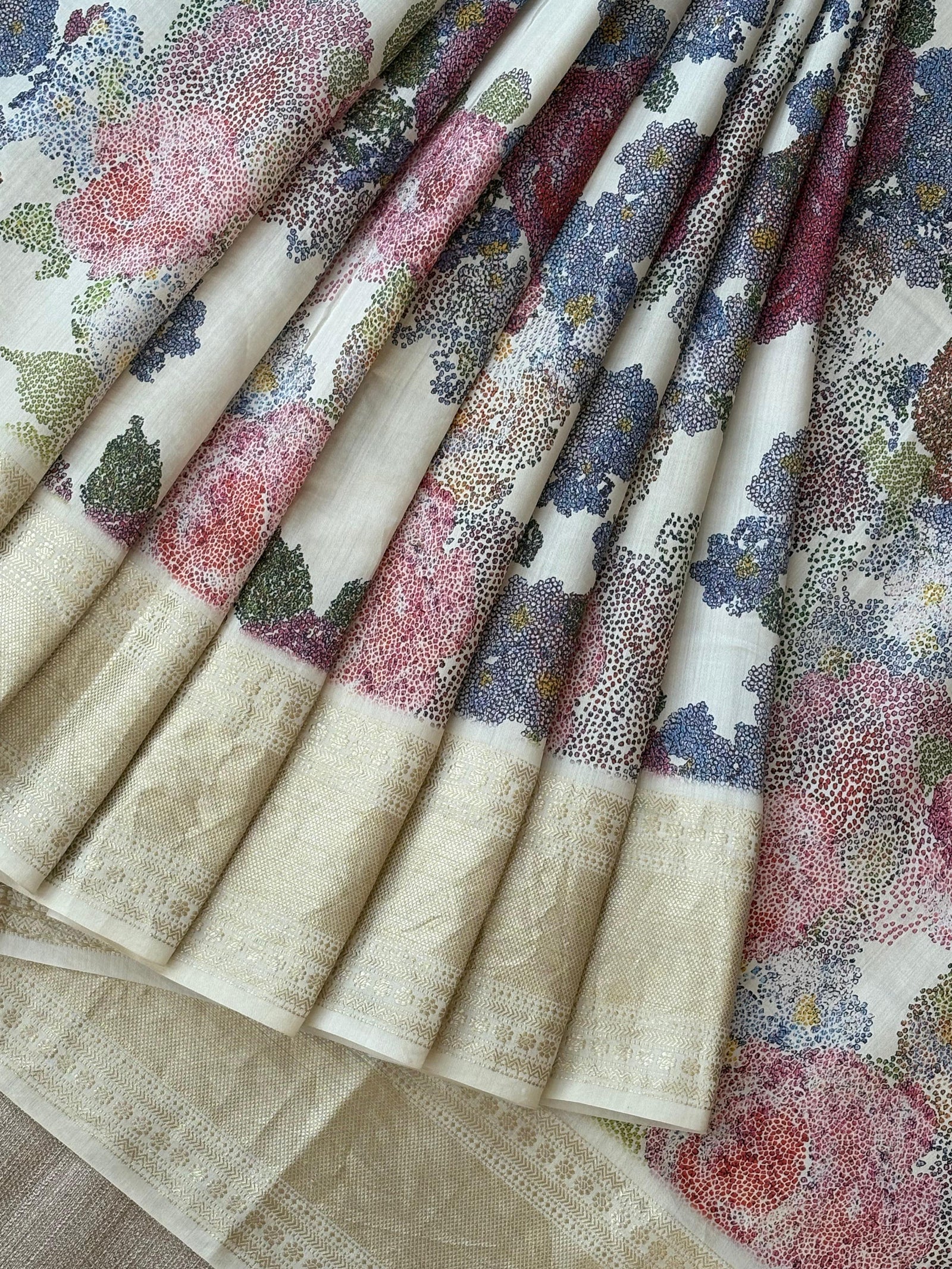 Ivory Pure Handloom Chiniya Silk Saree with stunning 3D Floral Print and zari borders