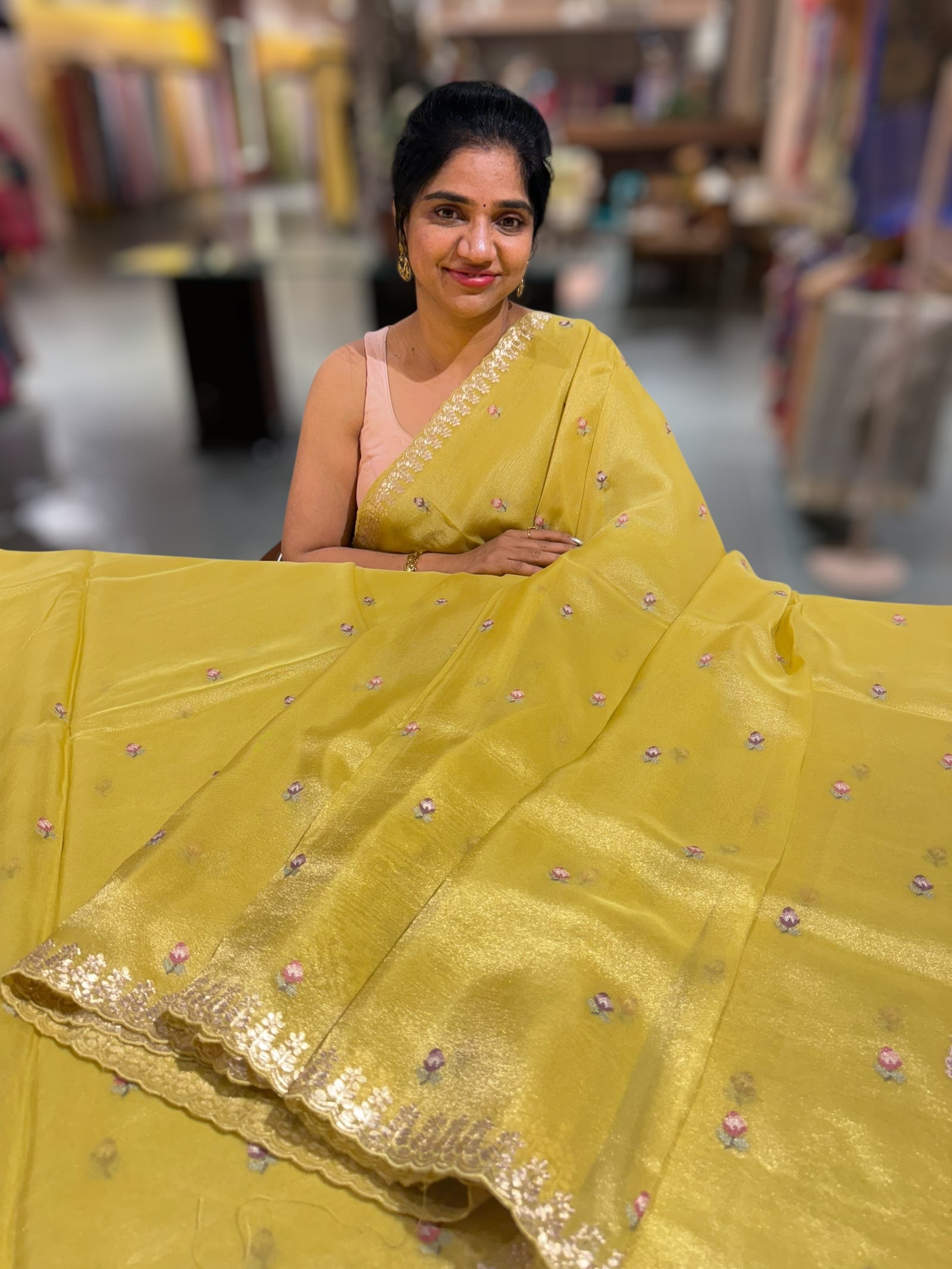 Lime Yellow Tissue Georgette Saree with petite point emb