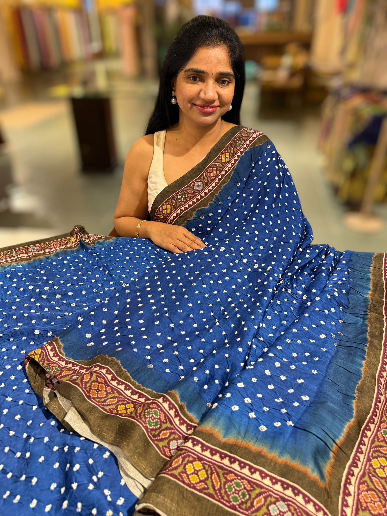 Blue bandhini kalamkari modal satin saree