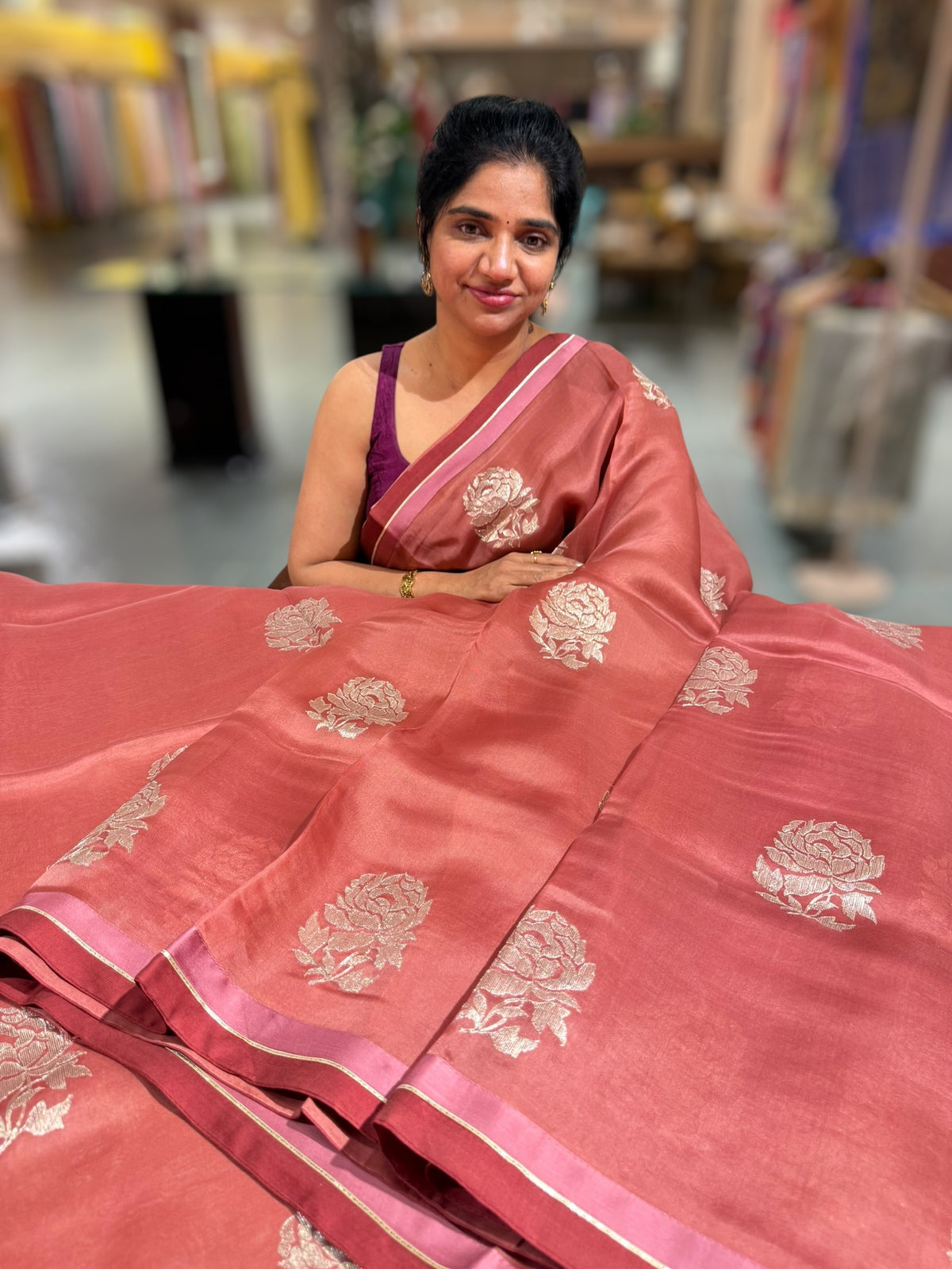 Terracota Color Pure Organza with embroidery