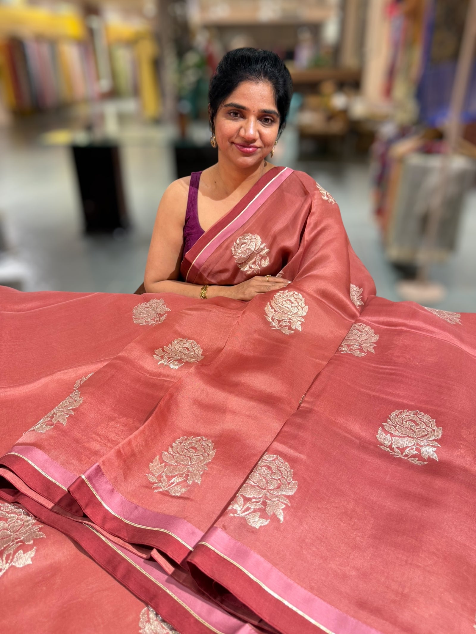 Terracota Color Pure Organza with embroidery