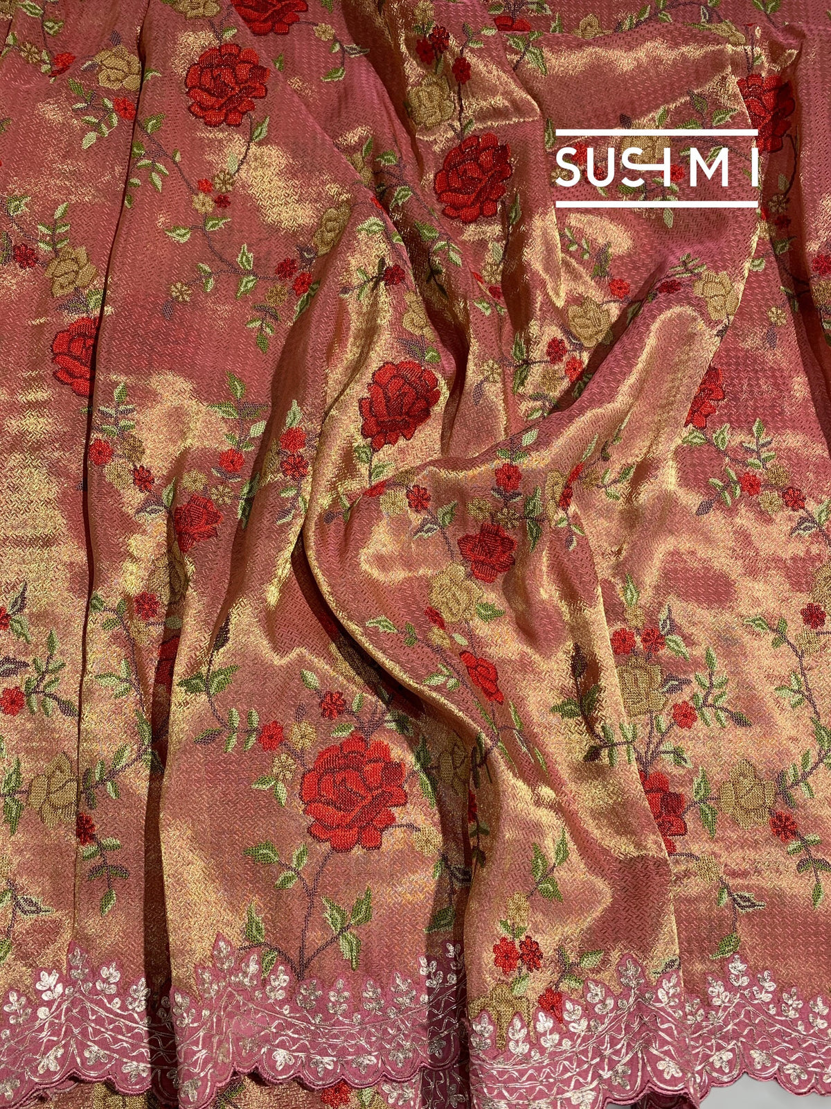 Peach Pink Designer Banarasi Brocade Tissue Saree S62113