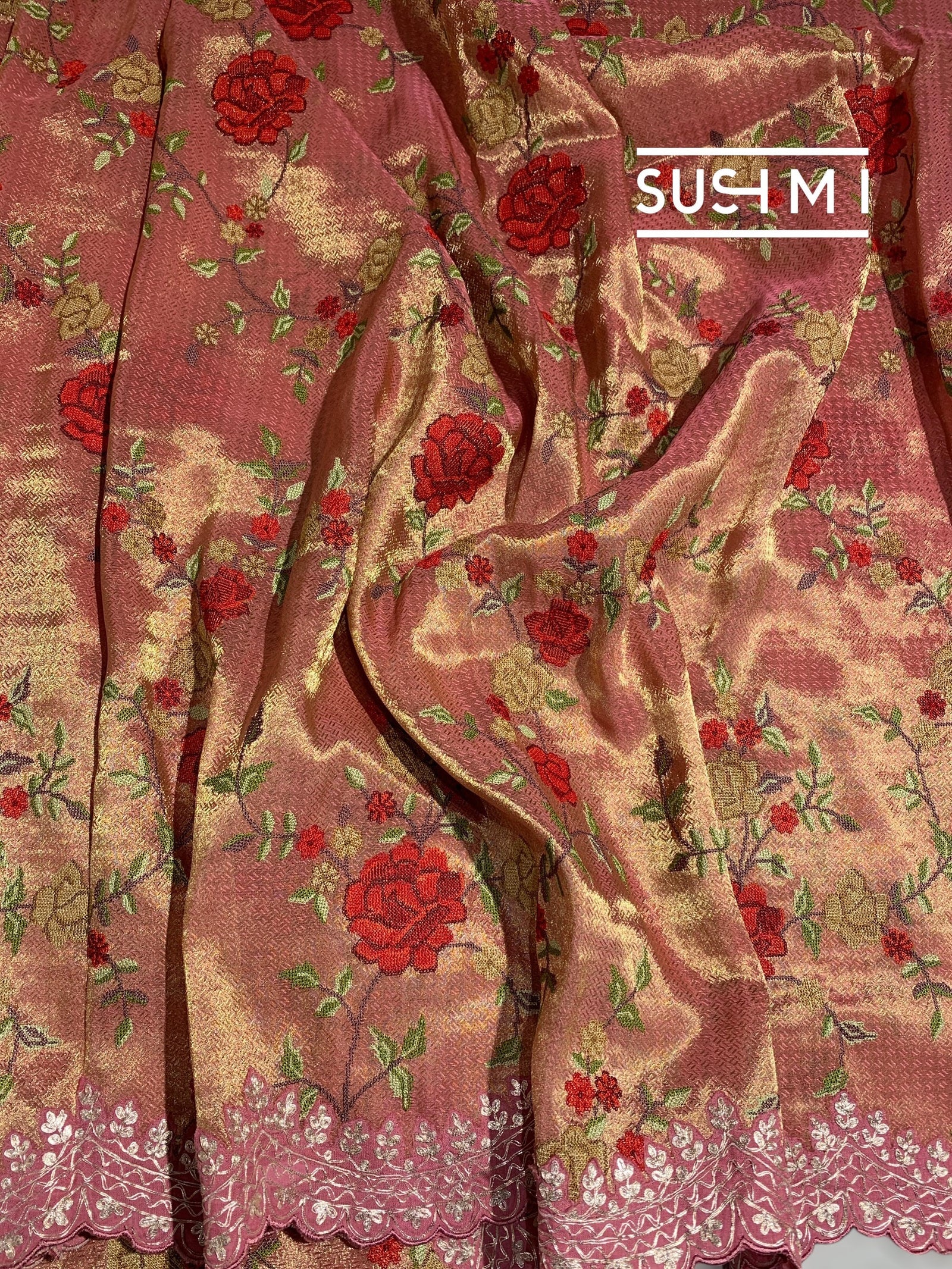 Peach Pink Designer Banarasi Brocade Tissue Saree S62113