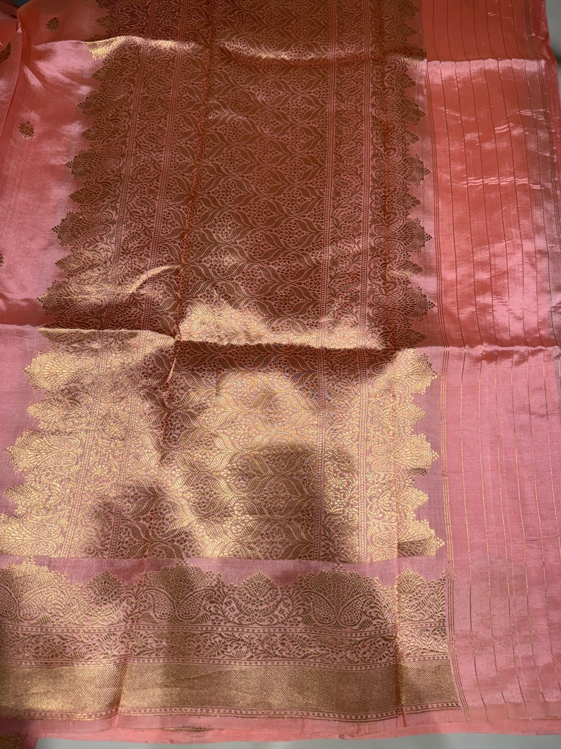 Peach Pink Raw Mangoe Silk Saree with double Borders