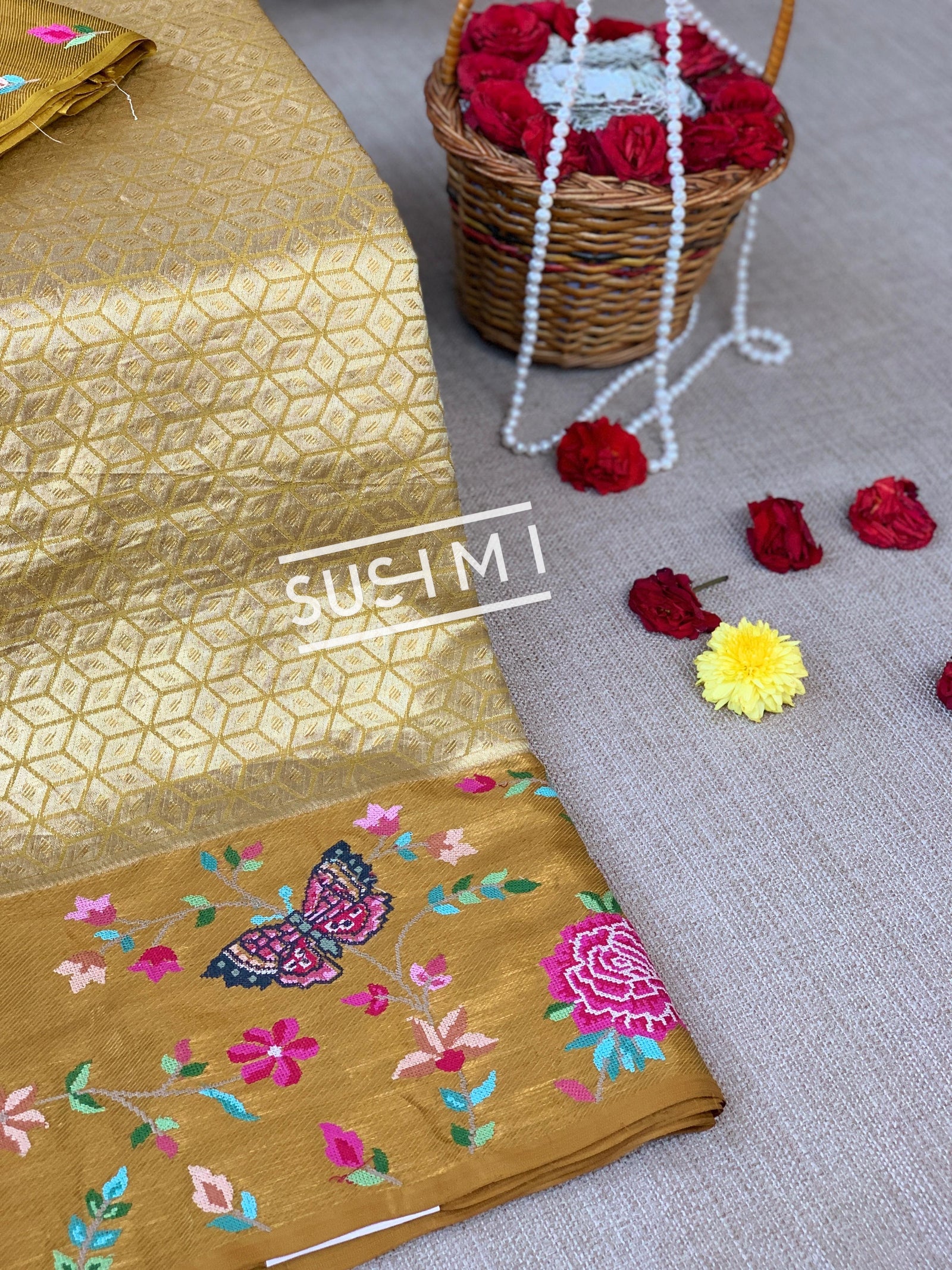 Gold Kanjeevaram Tissue Sareewith petite point embroidery : S62F085