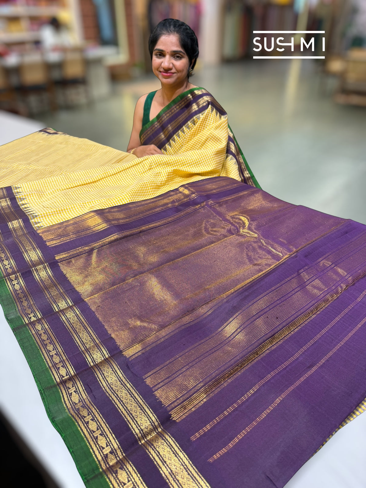 Ivory &amp; lemon yellow vintage checks jute Gadwal Silk Saree : S62F217