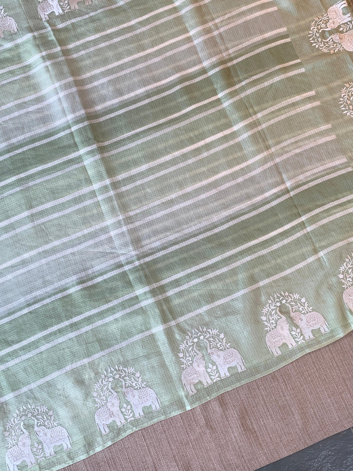 Dusty Green Designer Silk kota saree with elephant embroidered border