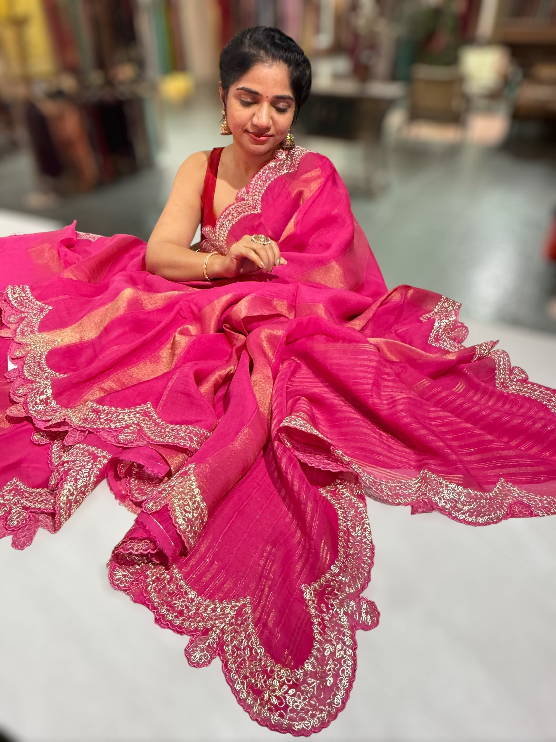 Rani Organza and Tissue stripes Saree with Pita Embroidery